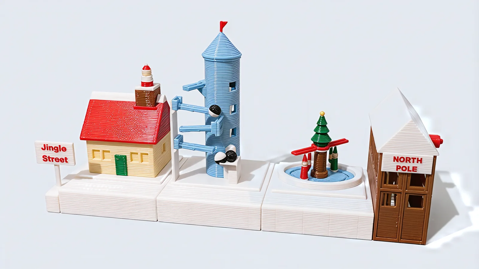 Jingle Street from the front: the Jingle Street sign, Santa's red-roofed cottage, the blue ice tower with its ramps, the skating pond and the brown North Pole tower with its red crank knob