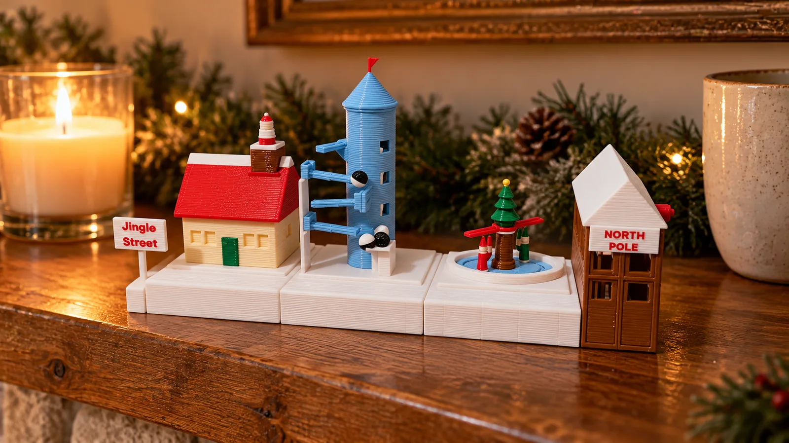 Jingle Street on a wooden mantel in warm evening light, a lit candle in a glass on one side and a ceramic mug on the other, pine garland behind