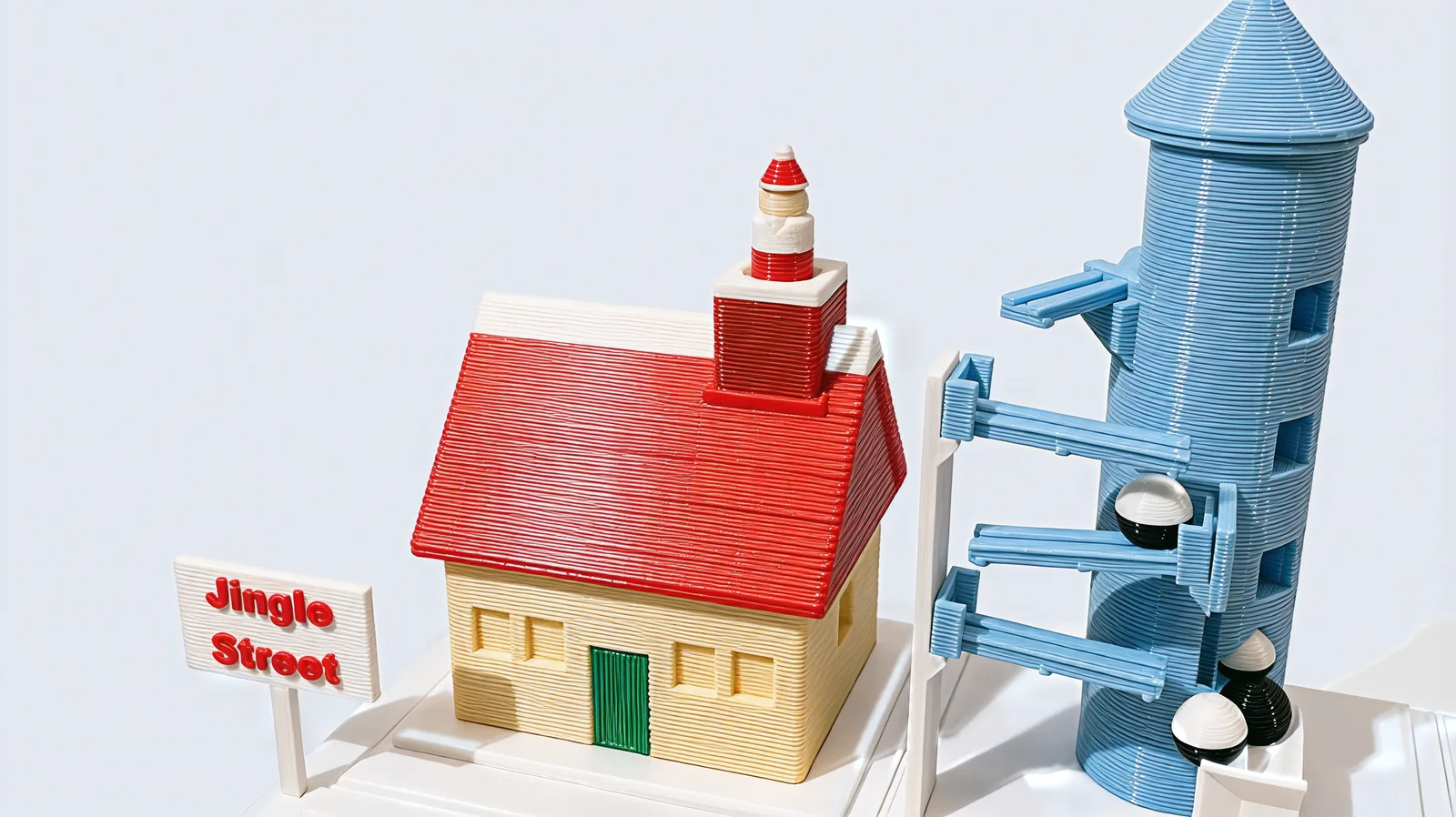 Santa standing up out of the brick chimney on the cottage's red roof