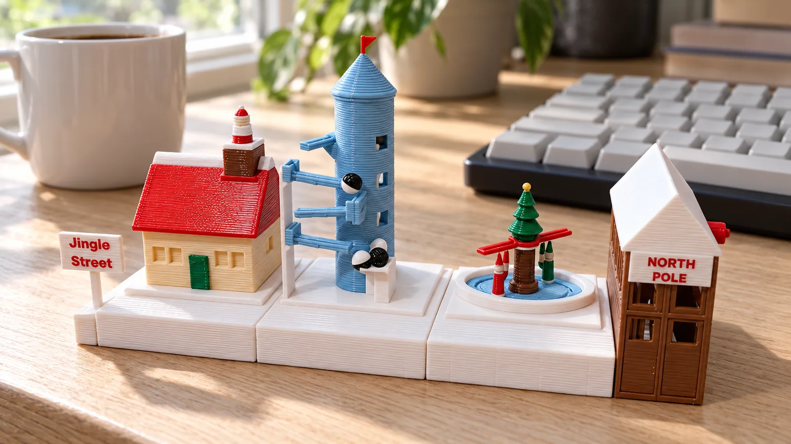 Jingle Street on a light oak desk in daylight, a white coffee mug and a keyboard behind it