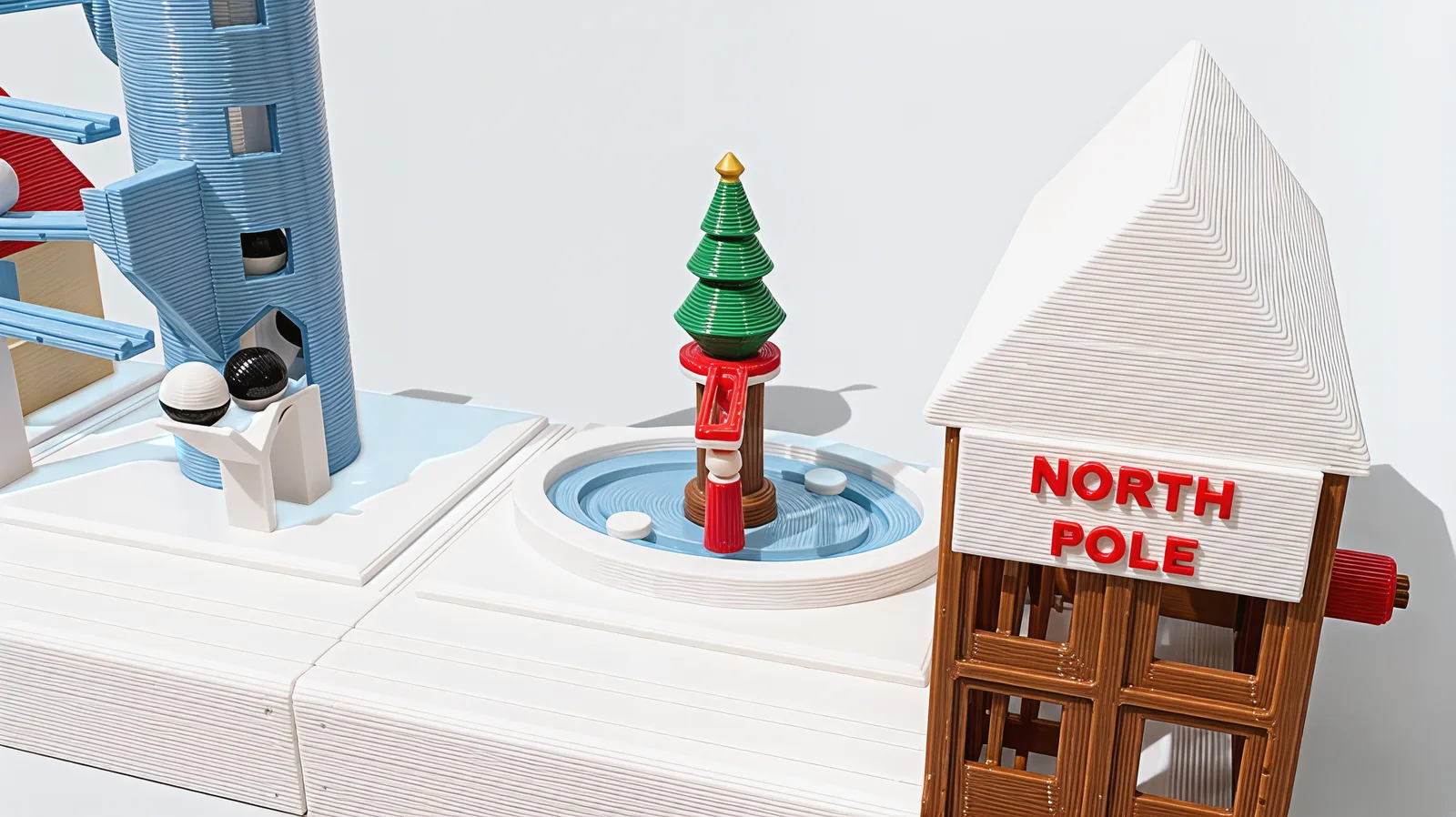 The skating pond: a green tree with a gold star on a brown trunk, red and white ribbon arms and two skaters on blue ice