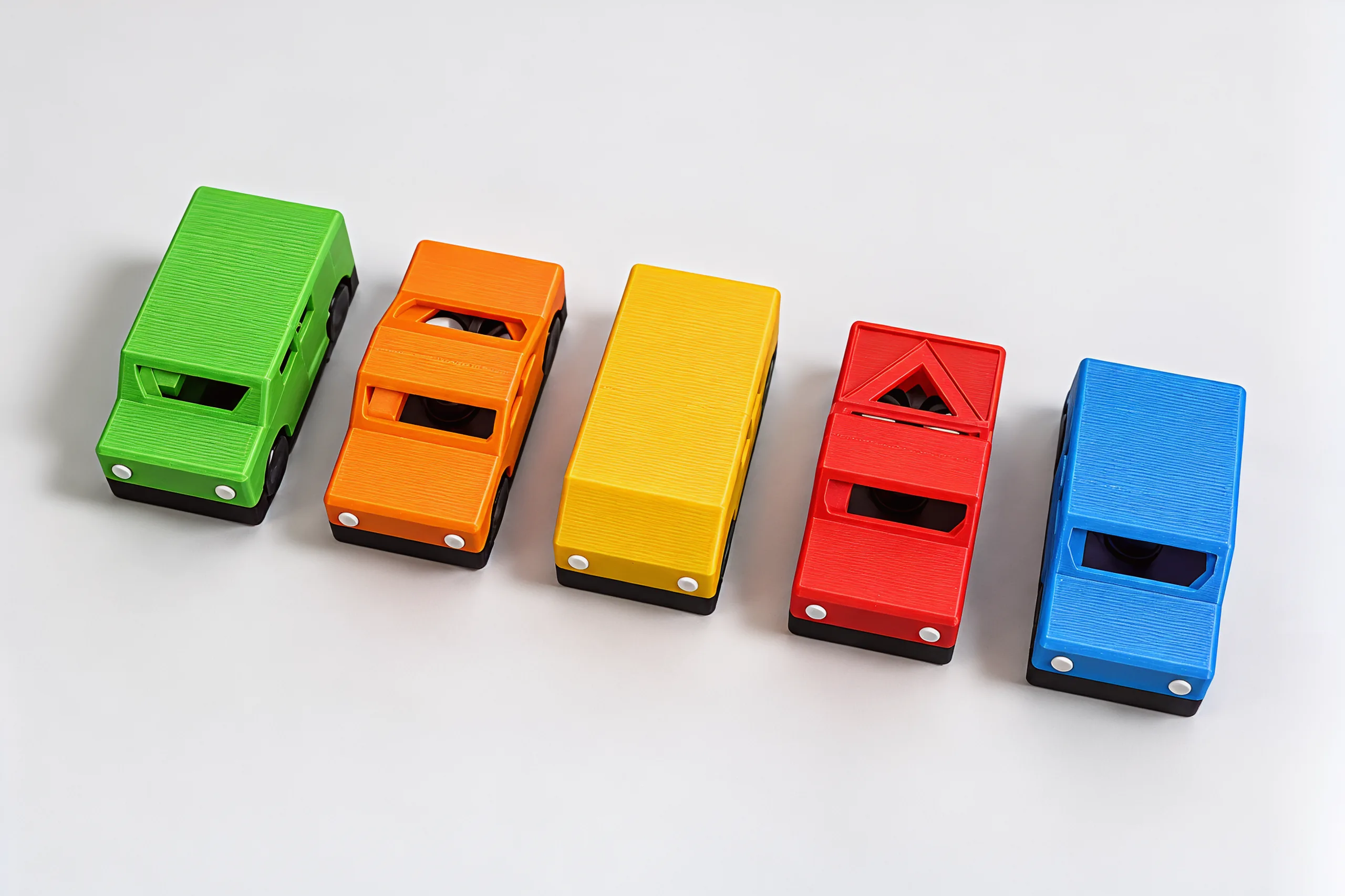 All five cars from above, noses toward the camera: green, orange, yellow, red and blue