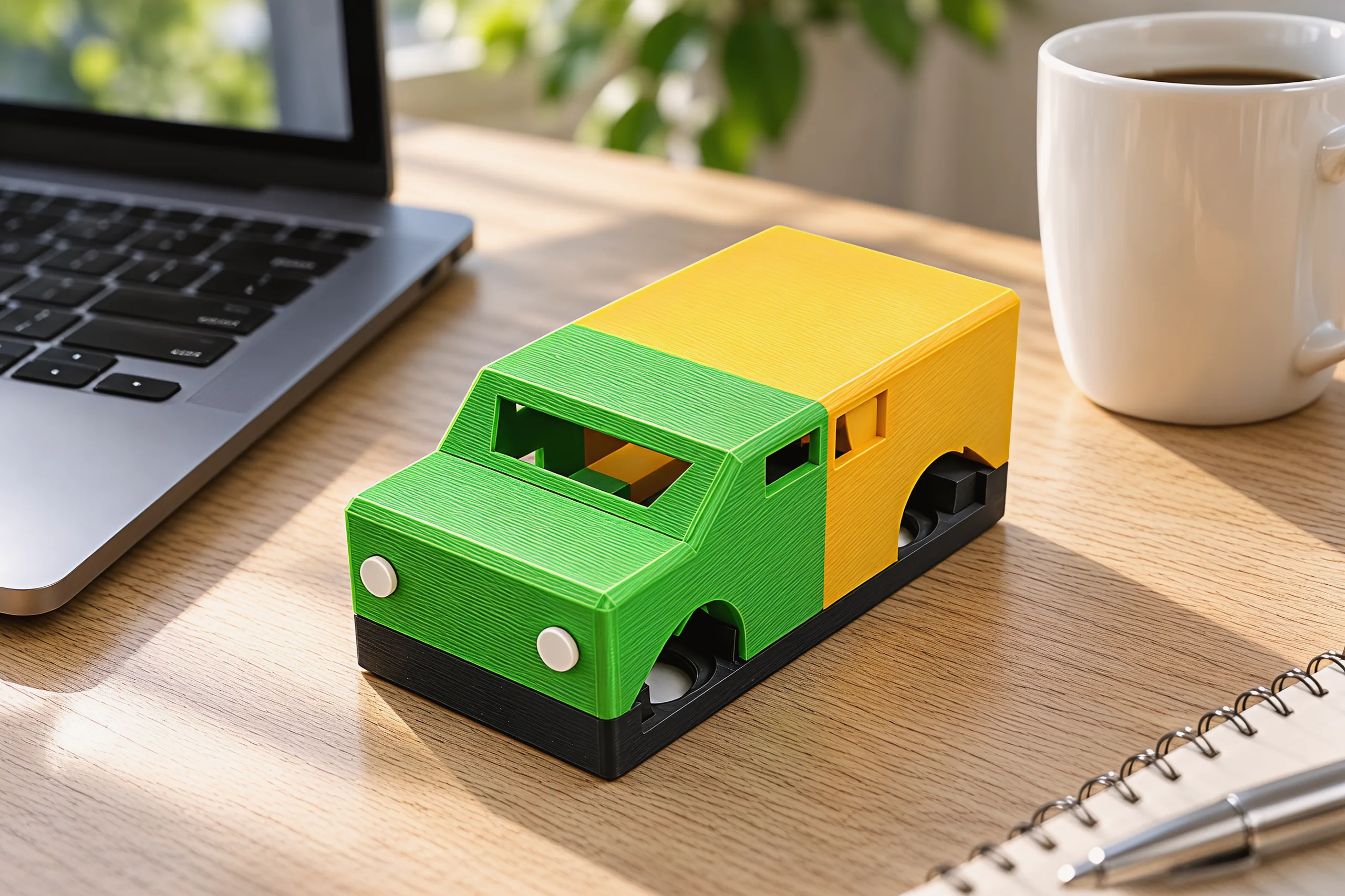 A green off-roader front on a yellow minivan back, parked on an oak desk between a laptop keyboard and a white coffee mug
