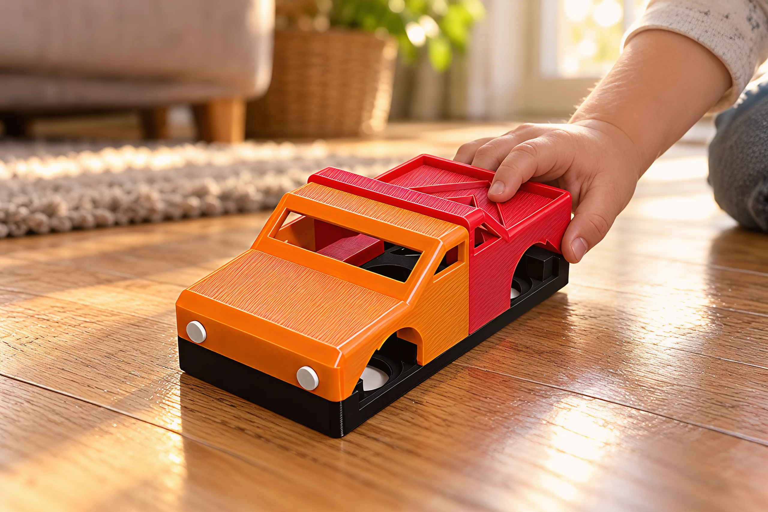 A child's hand pushes a car along a wooden living-room floor: an orange sports-coupe front on a red pickup back, both on a black chassis
