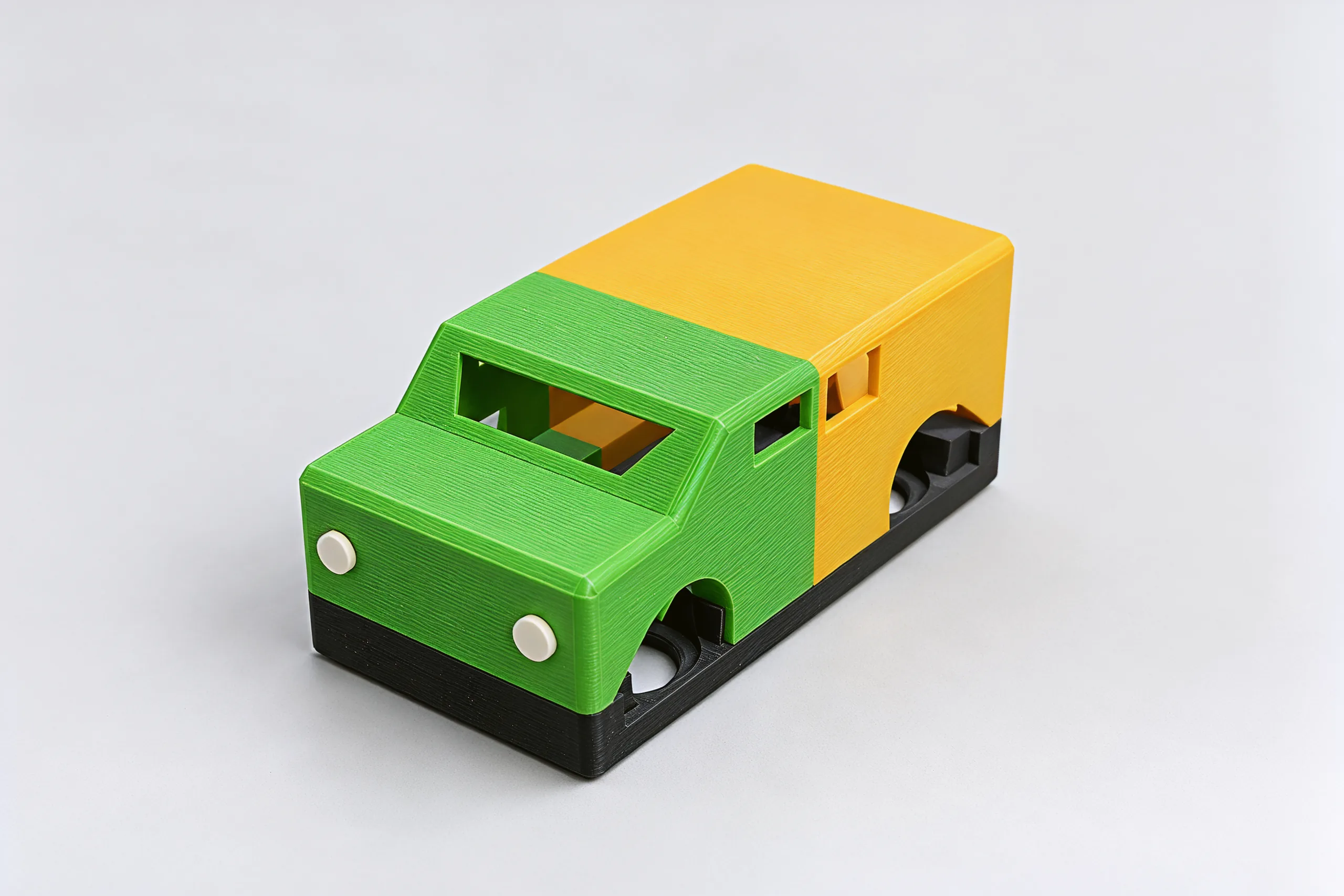 Studio photo of the same green-and-yellow car: off-roader nose and cab, minivan cargo box behind, black chassis below