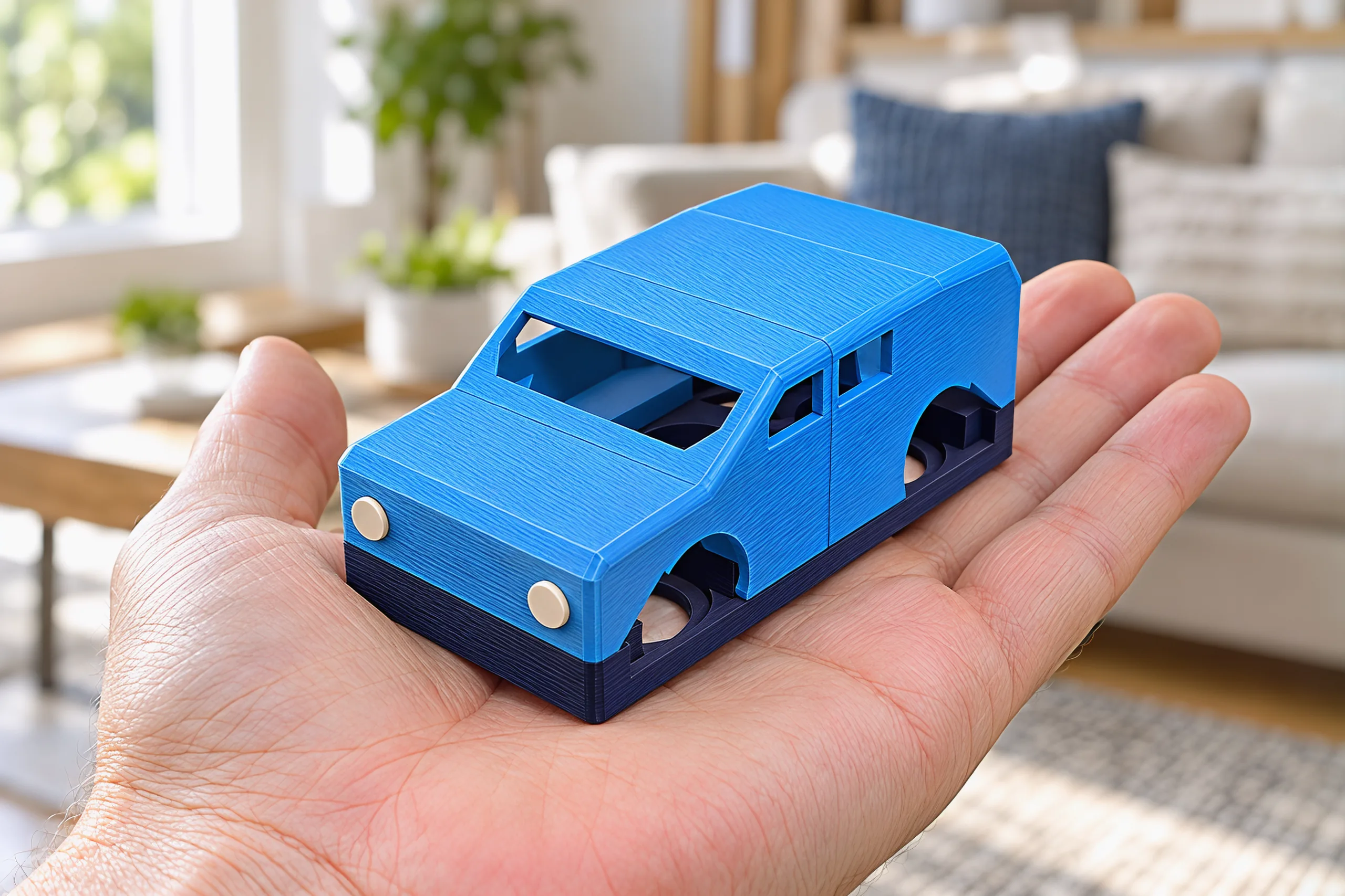 The blue hatchback resting on an open adult palm, the hand's fingers reaching past its back bumper