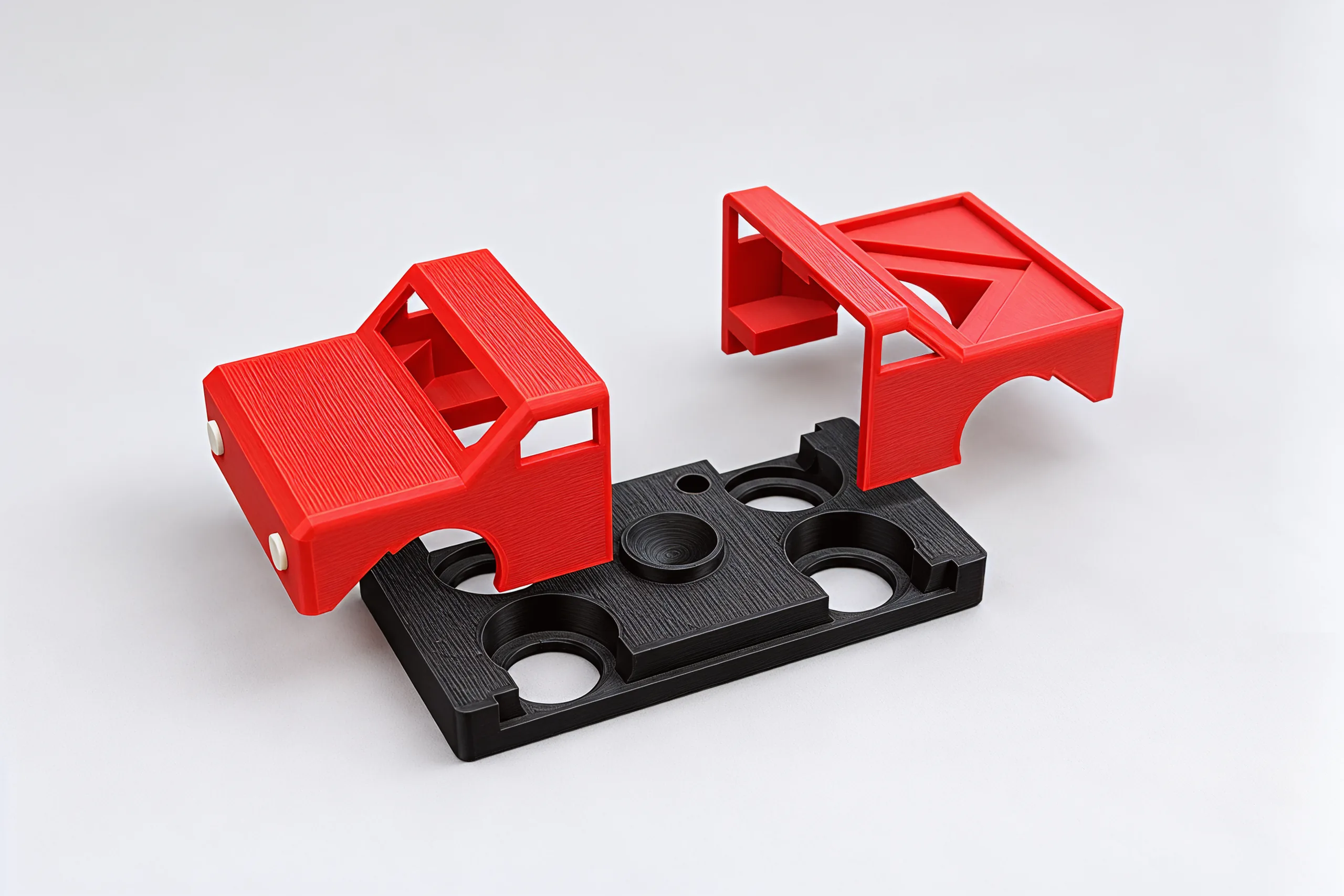 The red pickup in three pieces: the front half and the bed half lifted apart above the black chassis and its round sockets