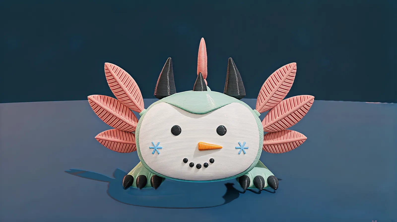 Mintfin wearing the snowman face with a carrot nose
