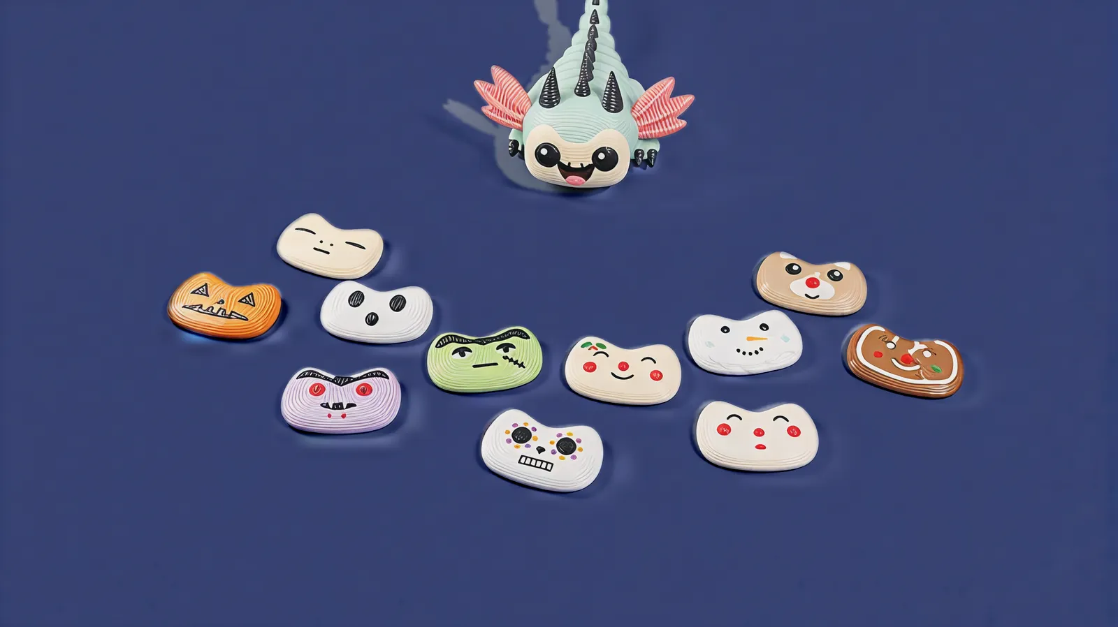 Mintfin in his happy face, with the other eleven face plates laid out in front of him