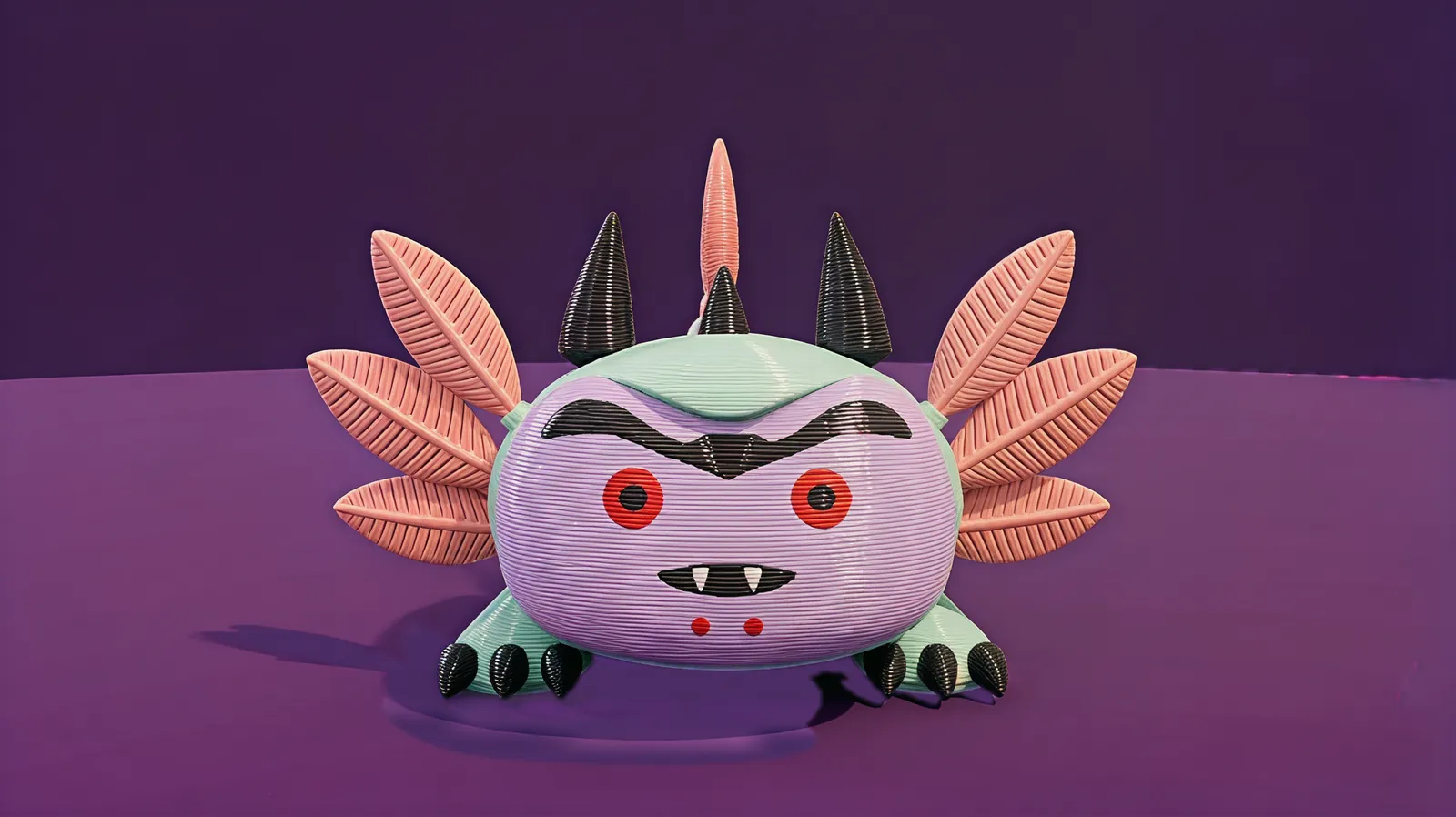 Mintfin wearing the lilac vampire face with fangs