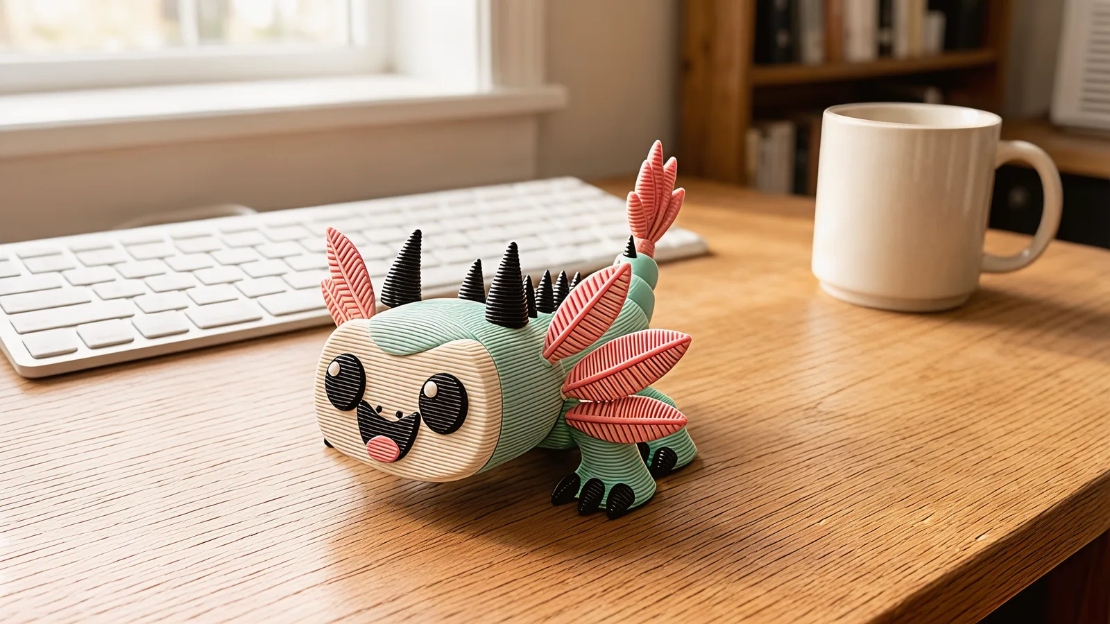 Mintfin with his smiling face standing on a wooden desk in front of a keyboard and a mug