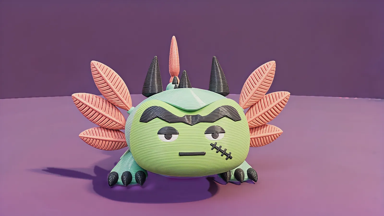 Mintfin wearing the lime-green Frankenstein face