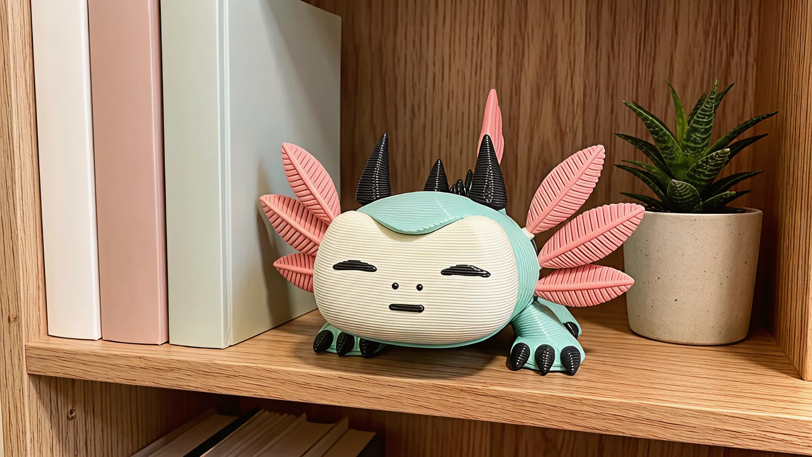 Mintfin with his sleepy face resting on a wooden bookshelf beside books and a small plant