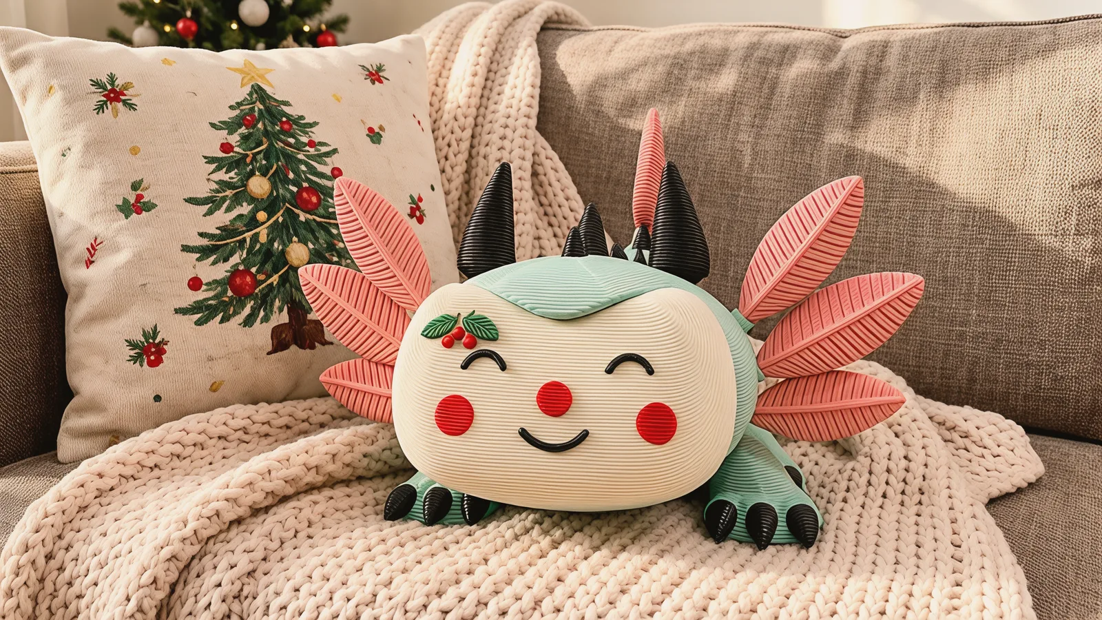Mintfin with the rosy-cheeked holly face sitting on a knitted blanket on a sofa beside a Christmas cushion