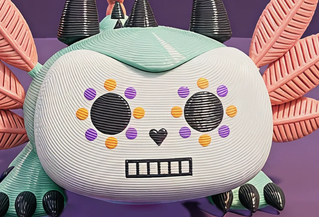 The sugar-skull face close up: dark eye sockets ringed with orange and purple dots, a heart nose and a row of teeth