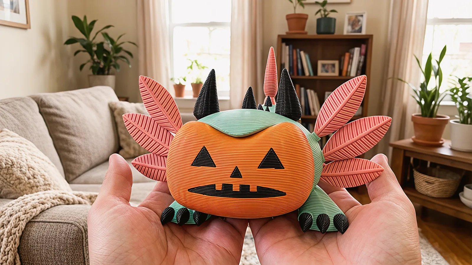 Mintfin wearing the jack-o'-lantern face, held in two cupped hands in a living room