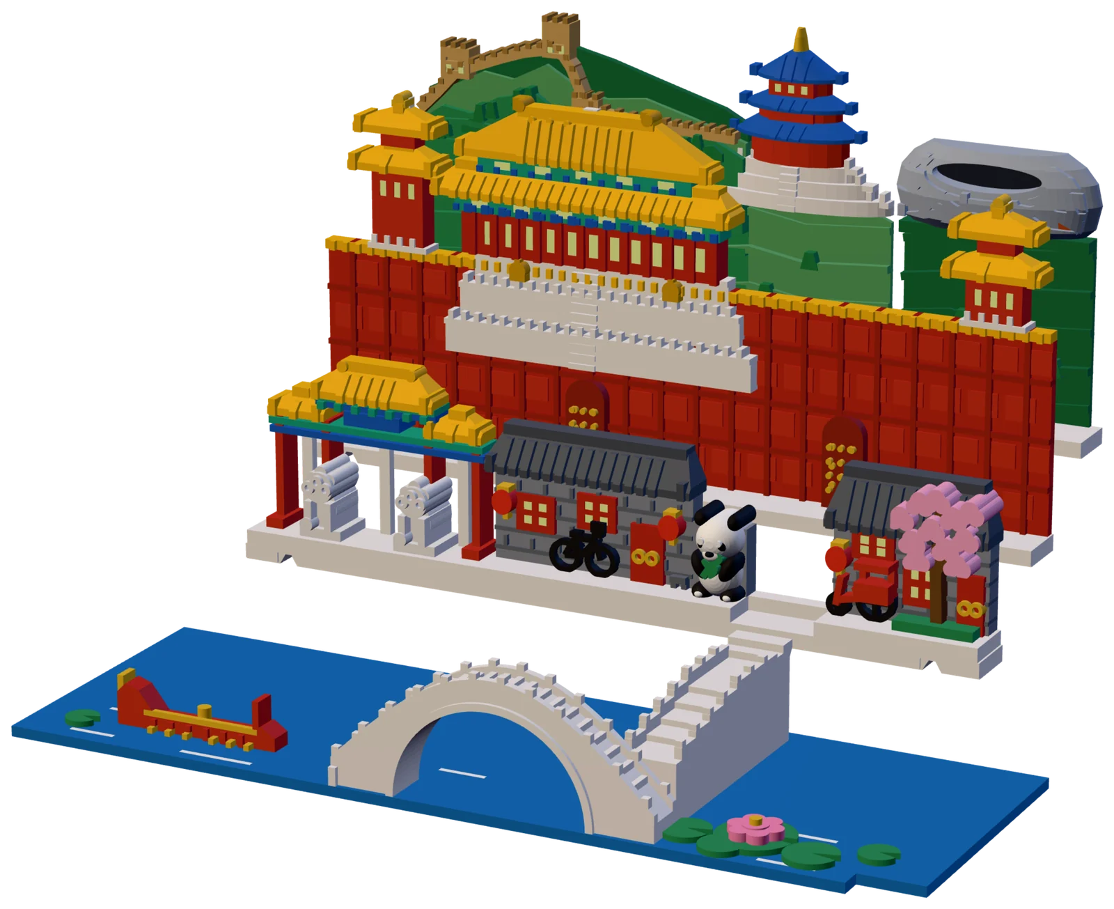 The four pieces of the Beijing set out of the book, seen from the front right and a little above: in front, the blue water plate with a red dragon boat, lily pads, a pink lotus and a white stone bridge with one round arch whose stair climbs to the street; behind it the white walkway of the front row with a painted archway on red posts over two pale stone lions, two grey-brick houses with dark roofs, red doors and red lanterns, a black bicycle, a black-and-white panda, a red rickshaw and a tree in pink blossom; then the long red palace wall with a golden coping, arched gates with gold studs, a hall with a double golden roof on a white stepped terrace and a red tower with golden roofs at each end; at the back green hills with a tan crenellated wall and two watchtowers, a round hall with three blue roofs on a white base, and a silver-grey oval stadium