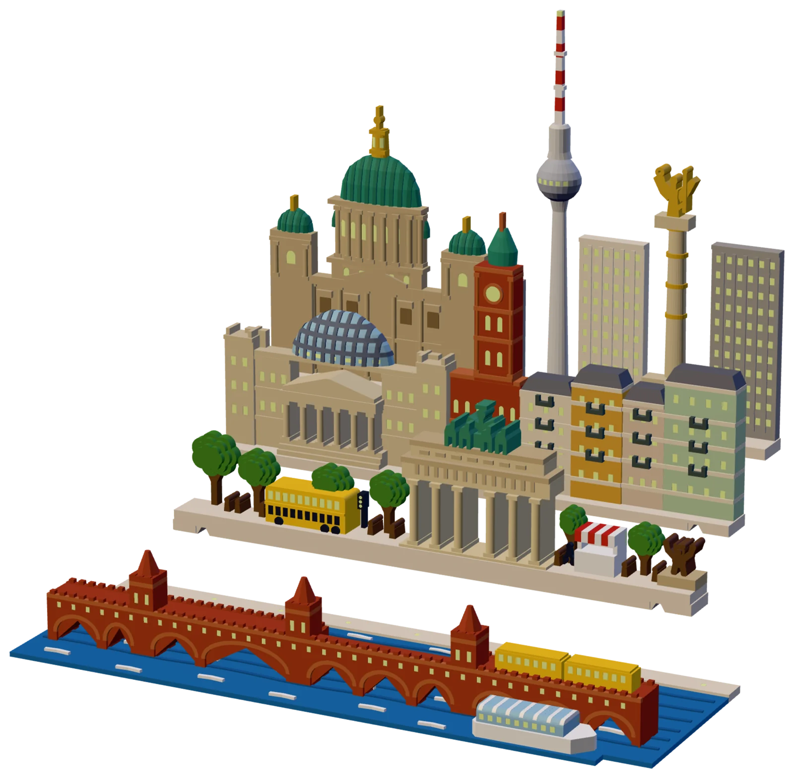 The four pieces of the Berlin set out of the book, seen from the front right and a little above: in front, the blue river plate with white ripples, a long red-brick bridge on round arches with three pointed towers, two yellow train cars on its deck and a white boat with a pale blue glass roof; behind it the street row with round green trees, a yellow double-decker bus, a sandstone gate of six columns with a green horse group on top, a red-and-white striped stall and a brown bear with raised arms; then the middle row with a sandstone parliament under a glass dome, a red-brick clock tower with a green spire and cream, ochre and pale green houses; at the back a sandstone cathedral with copper-green domes and gold lanterns, a white tower with a silver ball and a red-and-white striped mast, cream and gray slab blocks and a column with a gold winged figure