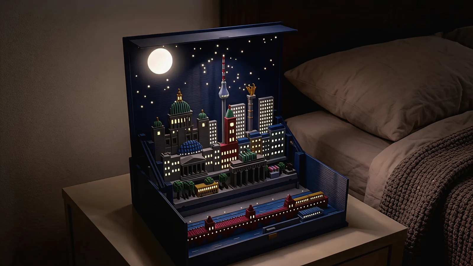 The open book with the Berlin pack on a bedside table in a dark bedroom, its moon, stars and windows glowing
