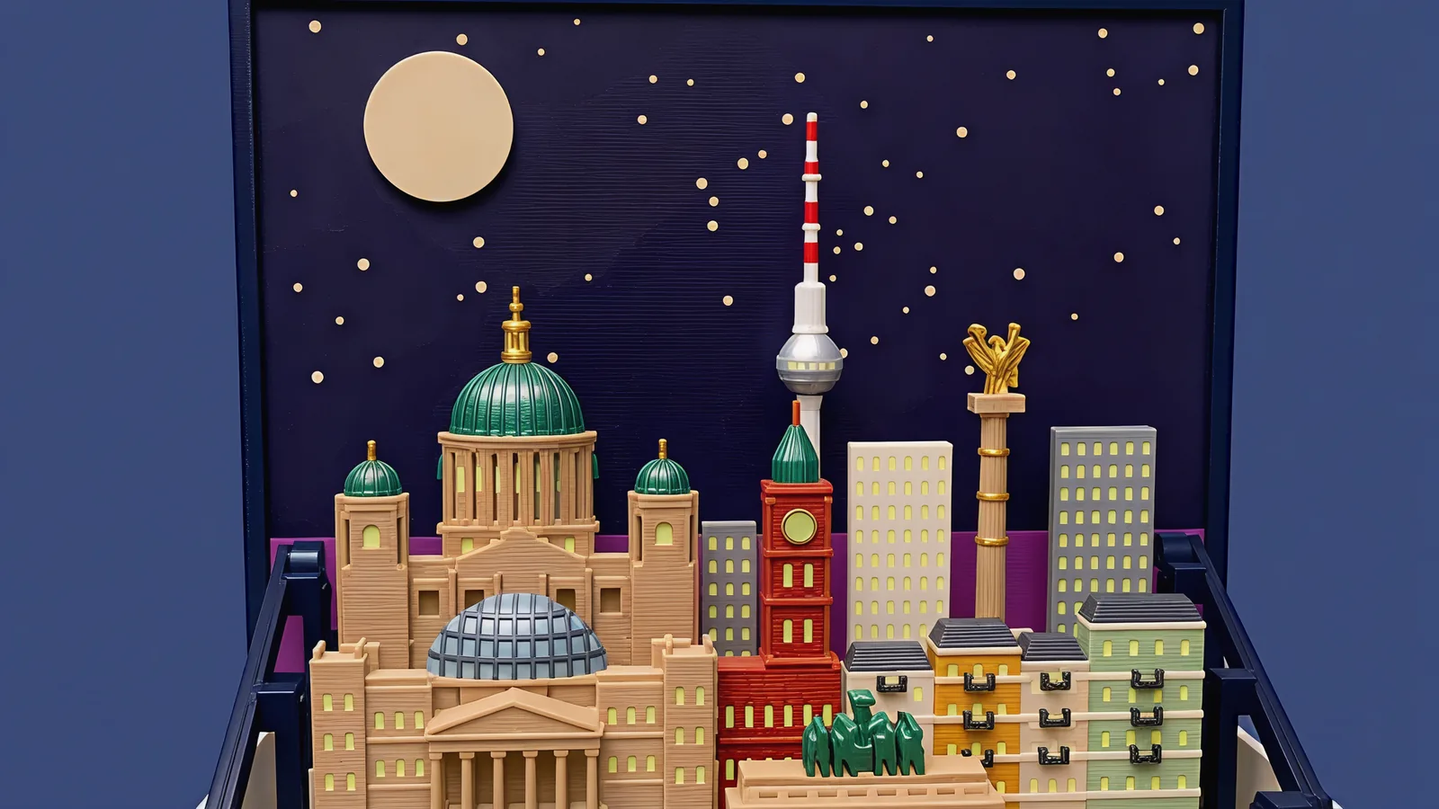 The skyline of the Berlin set under a large pale moon and cream stars on a dark indigo panel: at the left a sandstone cathedral with a big ribbed copper-green dome, a gold lantern and two small green corner domes; in the middle a slim white tower with a silver ball and a red-and-white striped mast, and in front of it a brick-red clock tower with a pale clock face and a green spire; at the right cream and gray slab blocks with lit windows and a sandstone column with gold rings and a gold winged figure; in front, a sandstone parliament with a gray-blue glass dome, a dark green horse group and cream, ochre and pale green houses