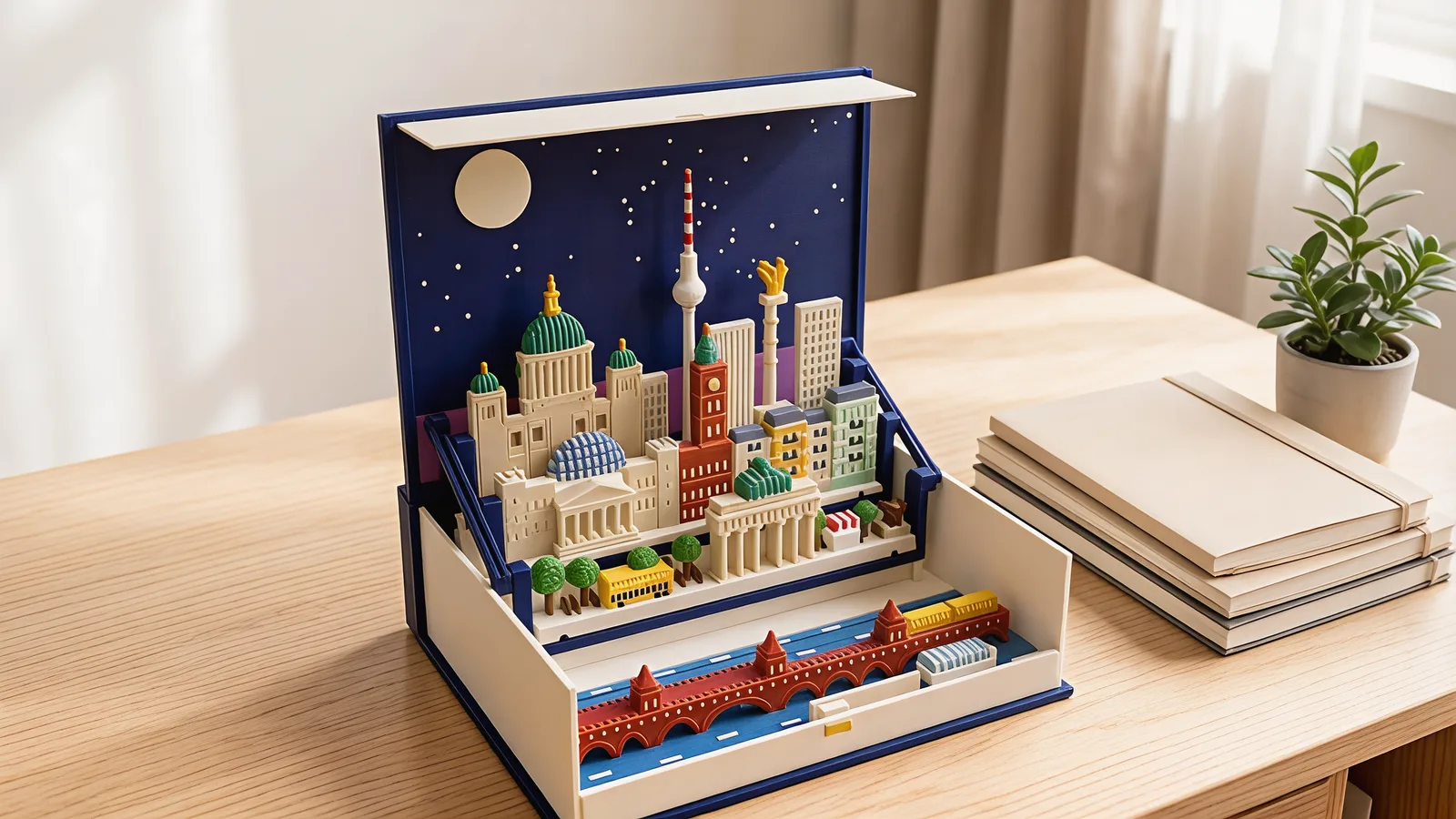 The open Moonlit Atlas book with the Berlin pack standing on a writing desk
