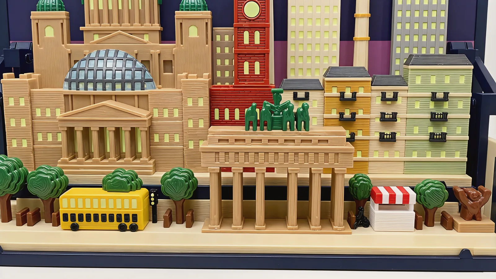 The street row of the Berlin set seen from the front: in the middle a sandstone gateway of six columns under a flat attic with a dark green group of four horses and a figure on top; at its left round green trees on brown trunks, small brown figures, a yellow double-decker bus with black lower windows and pale yellow-green upper windows, and a black traffic light; at its right a small black bicycle, a white stall under a red-and-white striped awning and a brown bear with both arms raised on a sandstone plinth; behind them a long sandstone building with a columned portico and a gray-blue glass dome, a brick-red clock tower with a pale round clock face, and cream, ochre and pale green houses with dark gray roofs and black iron balconies; at the top cream and gray slab blocks with pale yellow-green windows