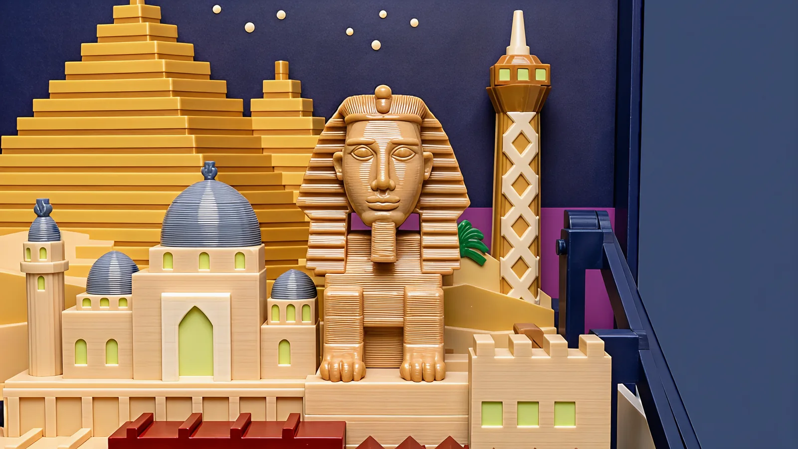 The Sphinx seen head-on: a tan face with open eyes, a straight nose and a short block beard under a ridged headdress, resting on its paws on a sandstone plinth; behind it two golden stepped pyramids, at the right a slim tower with a cream diamond lattice on an ochre core and pale yellow-green windows near its pointed top, at the left a pale sandstone mosque with grey-blue domes, a round minaret and a tall pale yellow-green arched doorway; a crenellated sandstone block with three yellow-green windows at the lower right, a green palm frond, dark red roof tops along the bottom, the navy frame and the dark night panel with cream stars and a magenta band