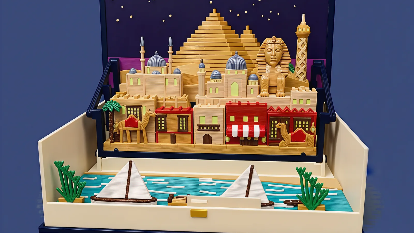 The whole Cairo set in the open book, seen from the front over the water: two golden stepped pyramids against the dark indigo panel with cream stars and a magenta band, a sandstone sphinx and a slim lattice tower at the right, two pale sandstone mosques with grey-blue domes and slim minarets; in front, a street of red, ochre and sand-coloured houses with pale yellow-green windows, a red-and-white striped awning, a palm and two tan camels with red blankets; in the cream tray, a turquoise river with white wave lines, two boats with white triangular sails on dark brown masts, small rowboats at a stone dock and green papyrus at both ends