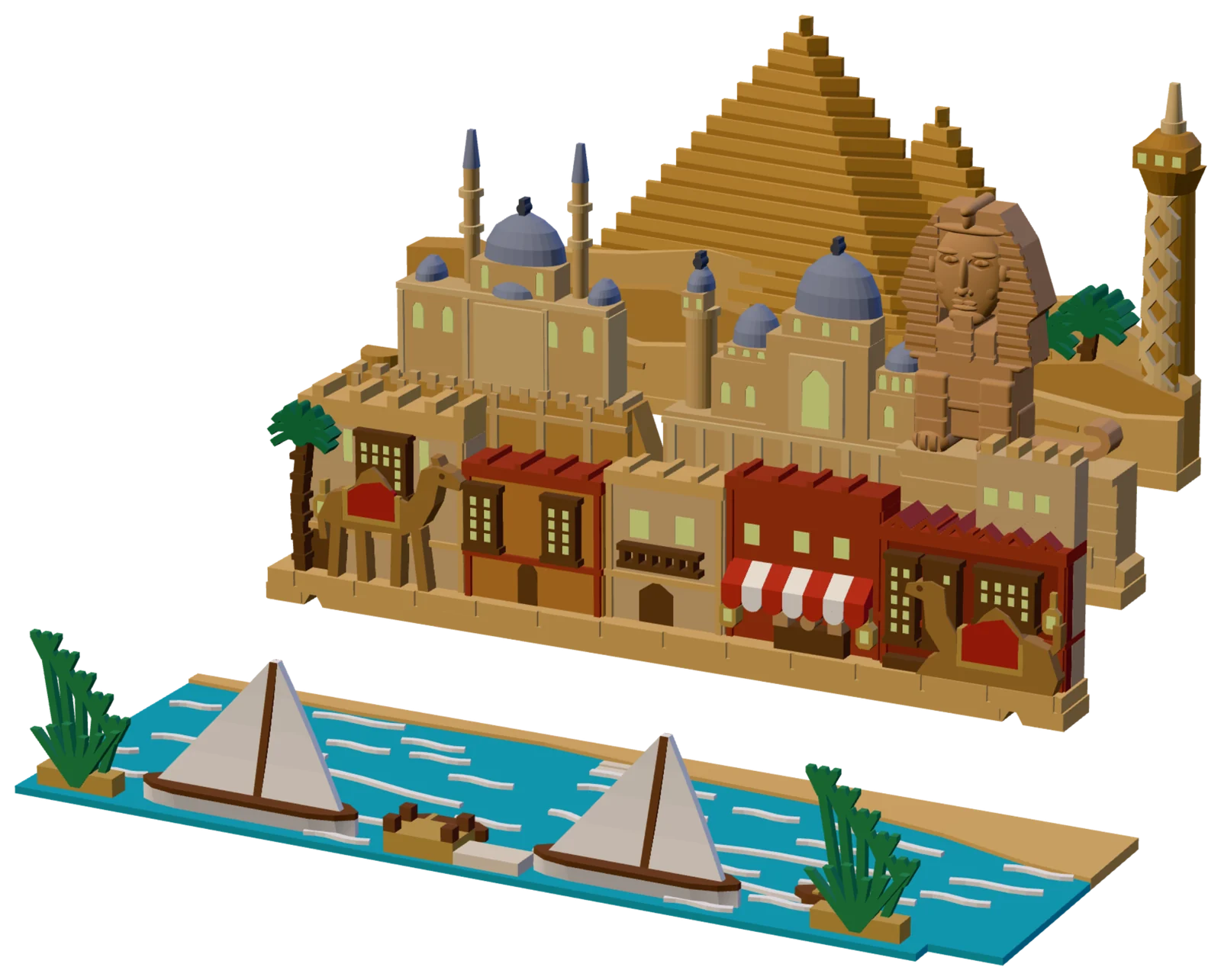 The four pieces of the Cairo set out of the book, seen from the front right and a little above: in front, the turquoise river plate with white wave dashes, two boats with white triangular sails on dark brown masts, small brown rowboats at a pale stone dock and green papyrus clumps at both ends; behind it the front row with a date palm, a standing tan camel with a red saddle blanket, red, ochre and sand-coloured houses with dark brown window screens, a market stall under a red-and-white striped awning and a resting camel; then the middle row with two pale sandstone mosques under grey-blue domes and slim minarets and a tan sphinx facing front; at the back two golden stepped pyramids over the dunes, a palm and a slim lattice tower