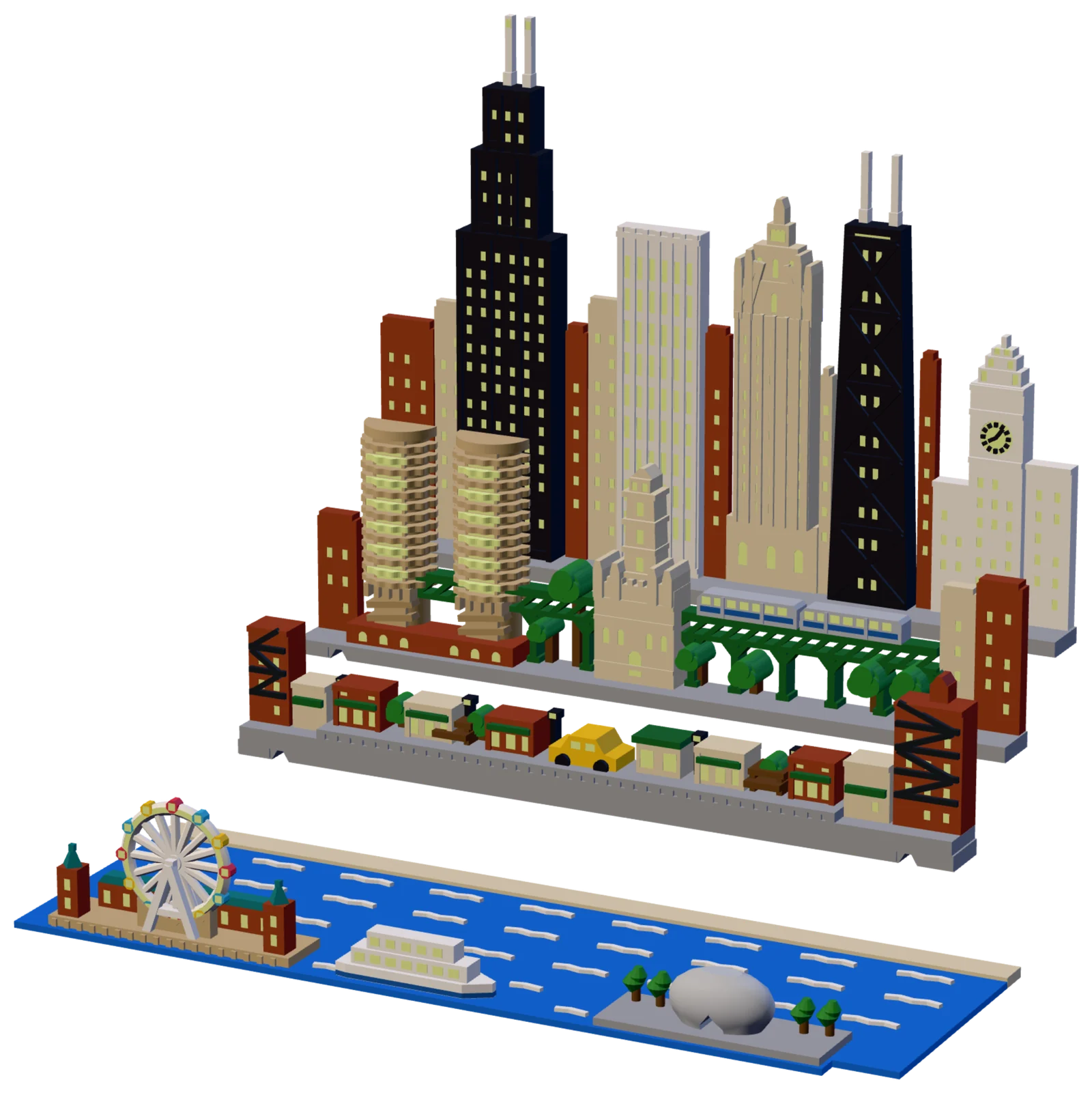 The four pieces of the Chicago set out of the book, seen from the front right and a little above: in front, the blue river plate with white waves, a tan pier with two brick-red towers under teal roofs and a long hall, a white Ferris wheel with red, yellow and light-blue gondolas, a white tour boat and a silver bean on a gray plaza with small trees; behind it the street row with low brick-red and cream shops under green awnings, fire escapes at both ends and a yellow cab; then the middle row with two round tan towers ringed with balconies, a green elevated railway with a silver train and a small cream stone tower with turrets; at the back a black stepped tower with two white antennas, a white ribbed slab, a cream tower with a Gothic crown, a black tapering tower braced with X's and a white clock tower