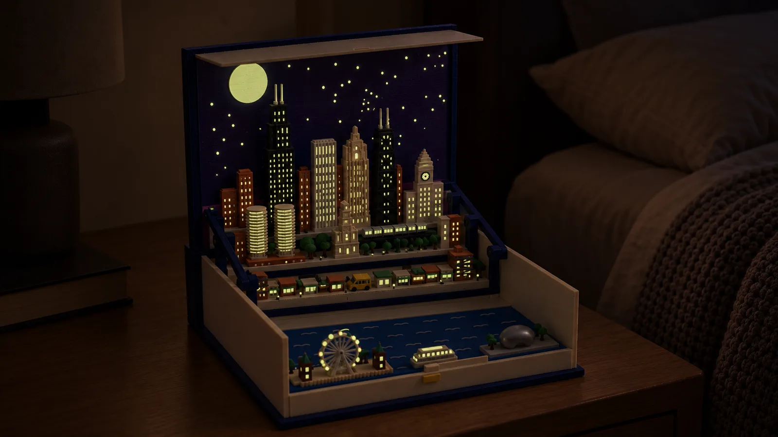 The open book with the Chicago pack on a bedside table in a dark bedroom, its moon, stars and windows glowing