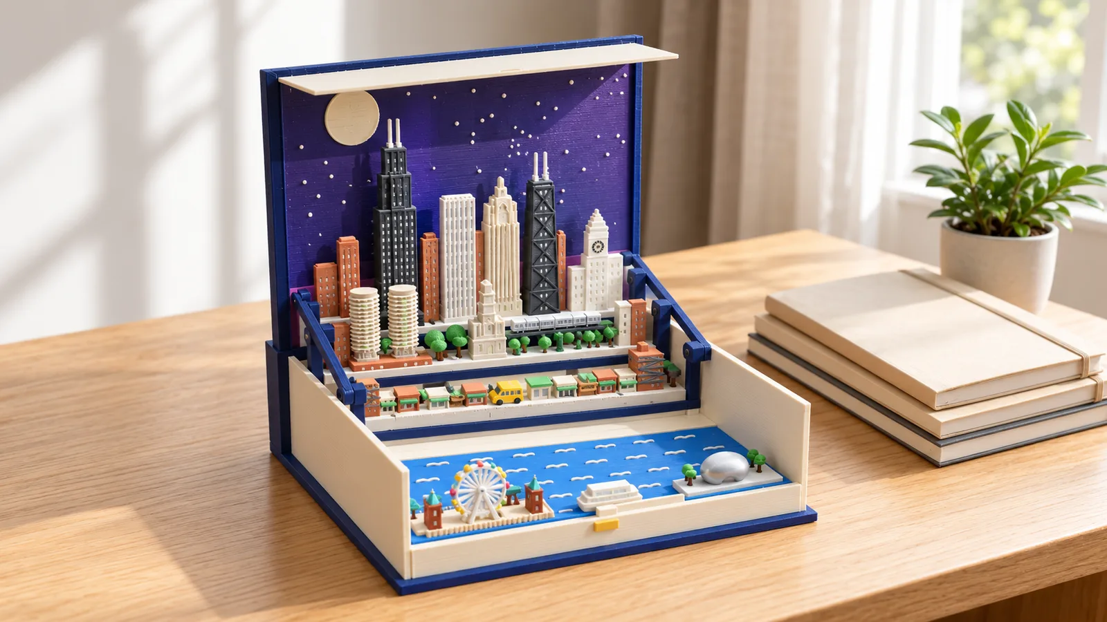 The open Moonlit Atlas book with the Chicago pack standing on a writing desk
