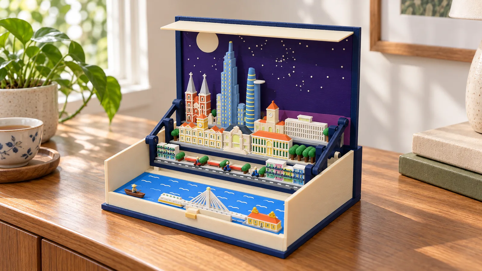 The open Moonlit Atlas book with the Ho Chi Minh City pack standing in a room by day