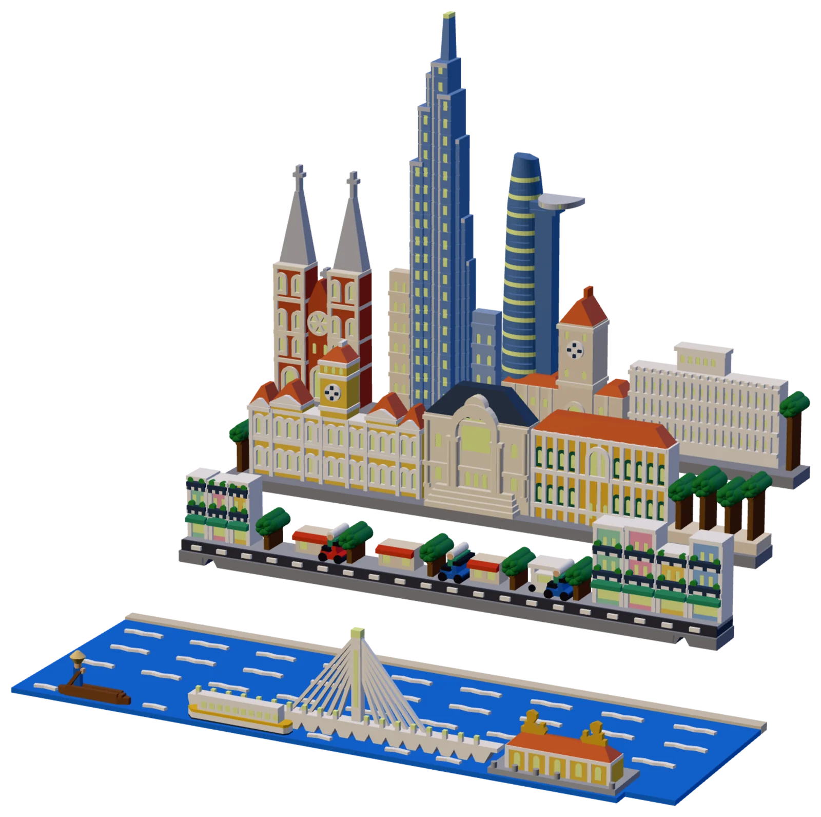 The four pieces of the Ho Chi Minh City set out of the book, seen from the front right and a little above: in front, the bright blue river plate with white waves, a brown sampan with a rower in a conical hat at the left, a white water bus with a yellow band, a white cable-stayed bridge on one tall pylon and a yellow riverside house with a terracotta roof and two gold dragons on its ridge; behind it the street row, a dark road with white dashes, narrow mint, pink, yellow and blue houses at both ends, low shops under red awnings, green trees, a food cart and red and blue scooters with riders; then the middle row with a yellow hall with white trim and a clock tower, a cream theater under a dark slate roof, a long yellow building with dark green shutters and a terracotta roof and a park of trees; at the back two red-brick towers under gray spires, a very tall blue stepped tower, a tapering blue tower with pale bands and a round helipad, a cream clock tower under a terracotta roof and a long low white building with vertical fins