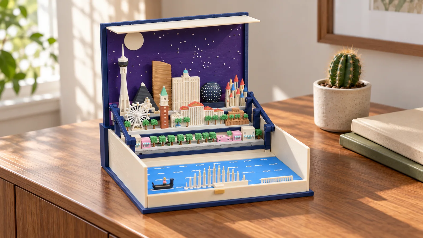 The open Moonlit Atlas book with the Las Vegas pack standing on a walnut sideboard beside a small potted cactus