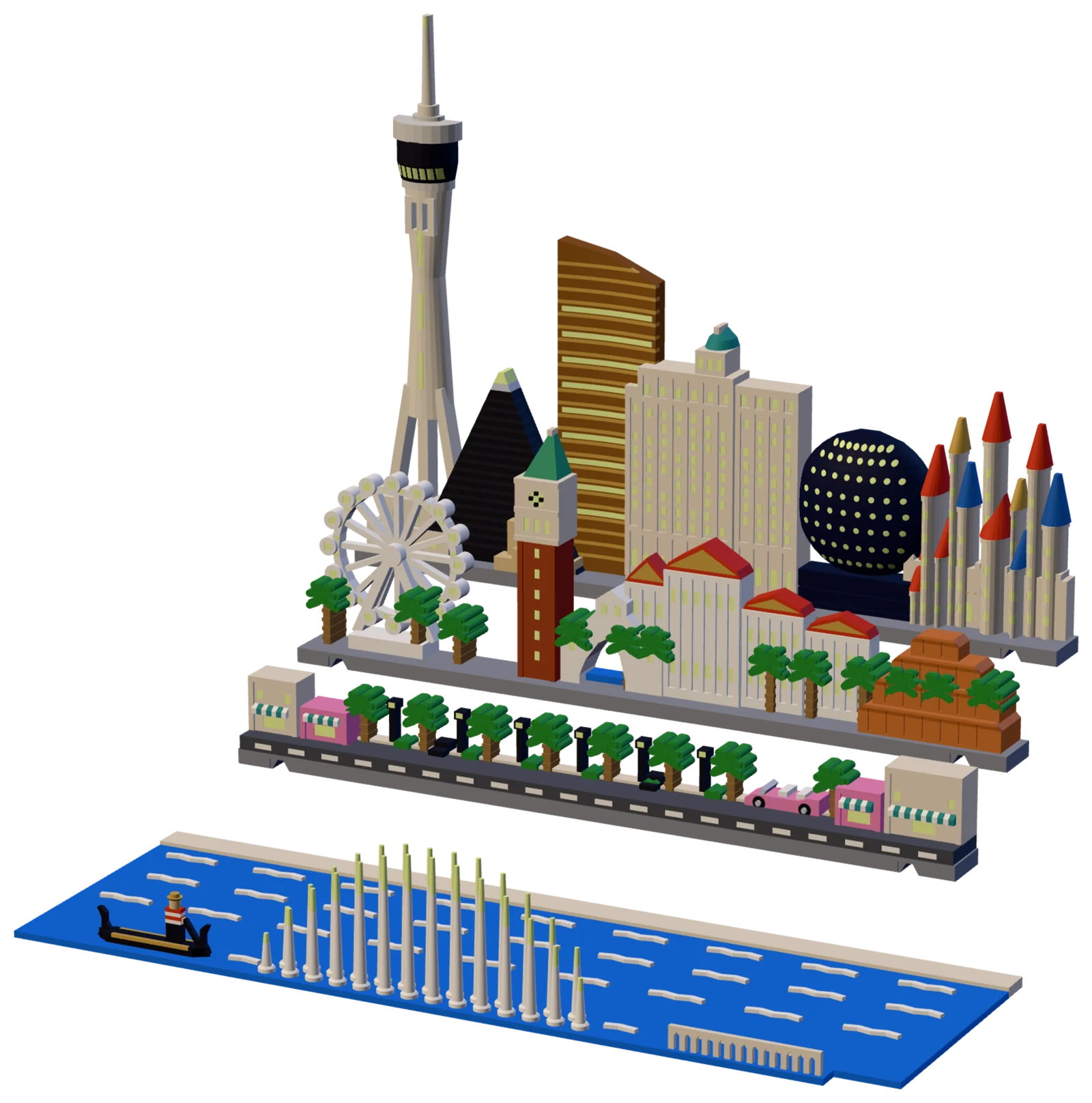 The four pieces of the Las Vegas set out of the book, seen from the front right and a little above: in front, the blue lake plate with white waves, two arcs of slim white fountain jets with pale tips, a black gondola with a gondolier in a red-and-white striped shirt and a low cream balustrade; behind it the boulevard row, a gray road with white dashes, palms, black lamps and hedges, cream and pink shops under striped awnings at both ends and a pink convertible; then the middle row with a white spoked wheel, a brick-red bell tower with a green spire, a white arched bridge, cream columned blocks under red roofs, palms and a terracotta stepped mesa; at the back a tall slim cream tower with a dark pod and a needle, a dark pyramid with a sand-colored sphinx, a bronze tower banded in gold, a cream stepped building with a teal cupola, a dark globe covered in pale dots and cream castle towers under red, blue and gold cones