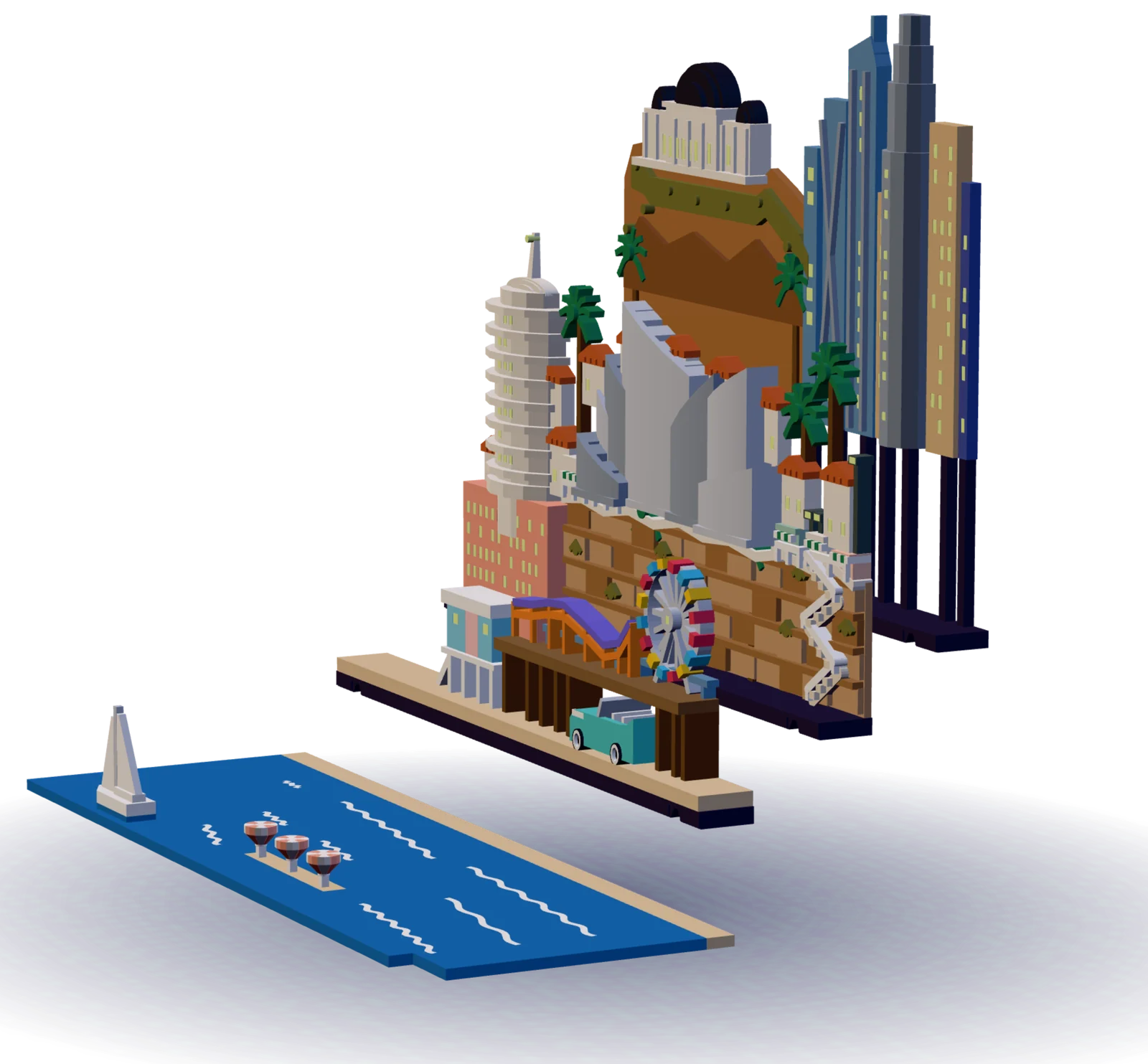 The four pieces of the Los Angeles set out of the book, seen from the front right: in front, the blue ocean plate with white surf, a white sailboat and three striped umbrellas; behind it the sandy beach row with a pale blue lifeguard tower on stilts, a dark brown pier with an orange and violet coaster, a Ferris wheel with red, yellow and blue cars and a turquoise convertible; then the sandstone bluff with a white zig-zag stair, palms, terracotta roofs, a round white tower on a coral block and pale grey curved sails; at the back the brown hills with the white observatory and its black domes, and tall blue, grey and sand towers