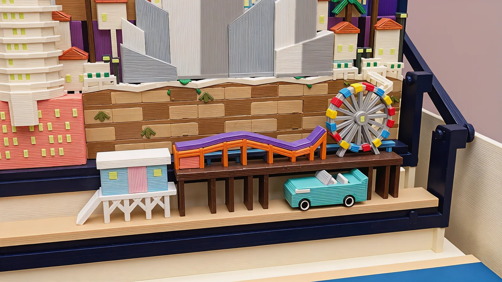 Close-up of the beach row: a pale blue and pink lifeguard cabin on white stilts with a ramp, a dark brown pier on square pilings carrying an orange coaster frame with a violet track, a grey Ferris wheel with red, yellow and blue cars, and a turquoise open-top convertible parked under the pier, with the sandstone bluff wall behind