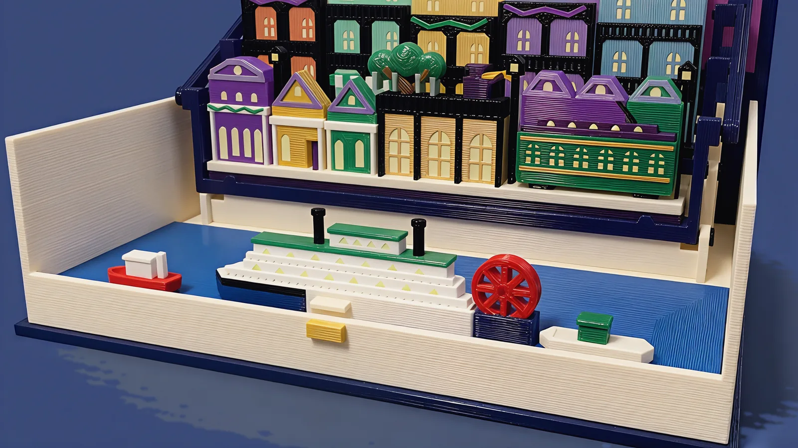 The harbor plate in the cream tray: the white Natchez with its green roof deck, two black stacks and red paddle wheel, a red tug at left and the ferry at right, with the street row behind