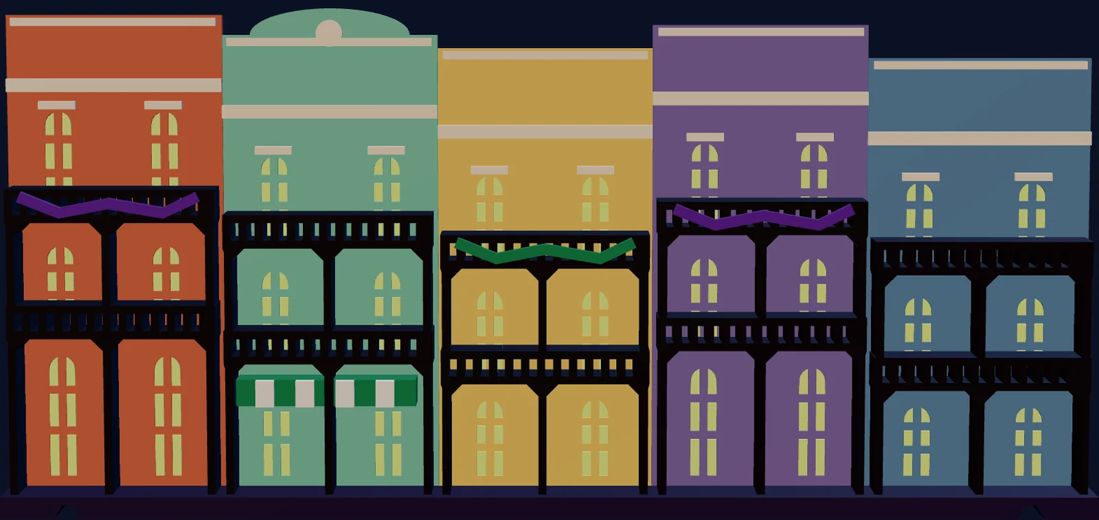 The middle row of the New Orleans set seen straight on: five townhouses in coral, mint, butter yellow, lilac and sky blue, each with black iron balconies on two floors, purple bead swags on the coral and lilac balconies, a green swag on the butter one, and a green-and-white striped awning on the mint house