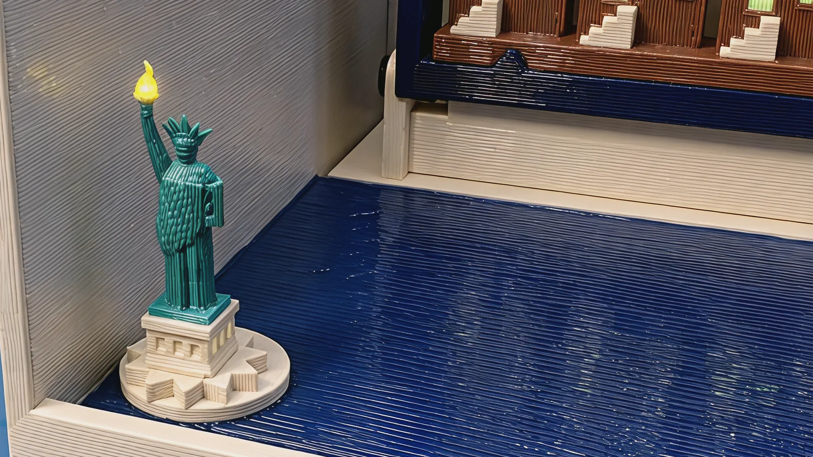 Close-up of the Statue of Liberty in verdigris green with a glowing yellow flame on her raised torch, standing on a cream stepped pedestal and star-shaped fort at the corner of the ribbed dark blue harbor plate, with the brownstones' cream stoops on the row behind