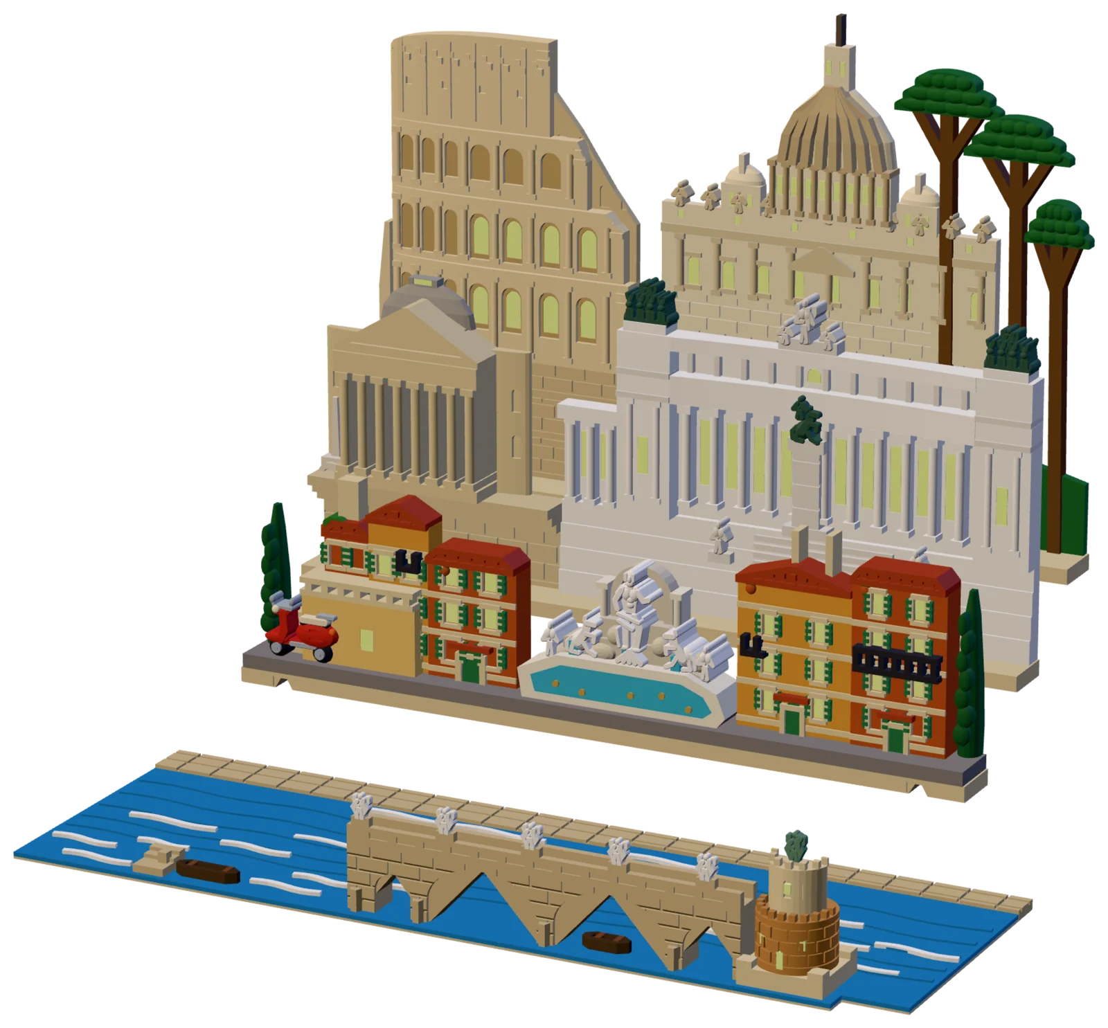The four pieces of the Rome set out of the book, seen from the front right and a little above: in front, the blue river plate with white ripples, a sand-coloured stone bridge on arches with small white angels along its parapet, a round orange-brown brick castle drum with a green angel on top, landing steps and two small dark boats; behind it the street row with a red scooter, ochre, terracotta and pale yellow houses with green shutters and red tile roofs, a white fountain over a turquoise basin and a dark green cypress at each end; then the middle row with a travertine temple front with columns and a grey dome, and a bright white colonnaded monument with dark green bronze statues; at the back the travertine Colosseum wall with its arches and broken side, a cream church with a tan ribbed dome and statues, and three umbrella pines with flat green crowns