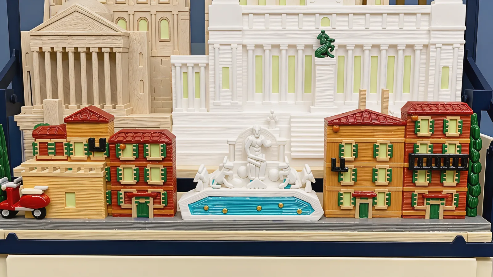 The street row of the Rome set seen from the front: in the middle a white fountain with a standing figure in an arched niche over white rocks and two sea-horses, spilling into a turquoise basin with gold coins; either side ochre, terracotta and pale yellow houses with red tile roofs, pale yellow-green windows between green shutters, green doors and a black iron balcony; a red scooter with a cream seat at the far left and a dark green cypress at each end; behind them a travertine temple front with columns at the left and the bright white colonnade of a marble monument with pale yellow-green panels and a dark green bronze group; a grey street strip and the navy frame below