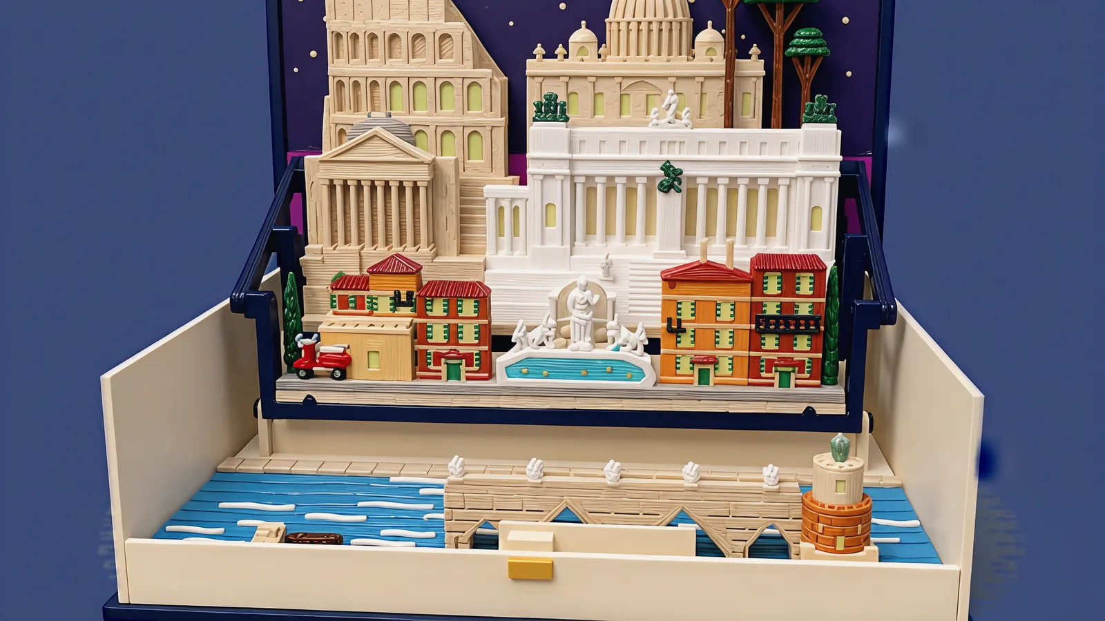 The whole Rome set in the open navy book, seen from the front over the water: at the back the travertine Colosseum wall with lit arches, a cream church with a ribbed dome and umbrella pines against a dark indigo panel with cream stars; in front a travertine temple with columns and a grey dome, and the bright white colonnaded monument with dark green bronze statues; then the street of ochre and terracotta houses with green shutters, a white fountain over a turquoise basin, a red scooter and two cypresses; in the cream tray, the blue river with white ripples, a sand-coloured arched bridge with white angels on its parapet, a round brick castle drum and a small brown boat
