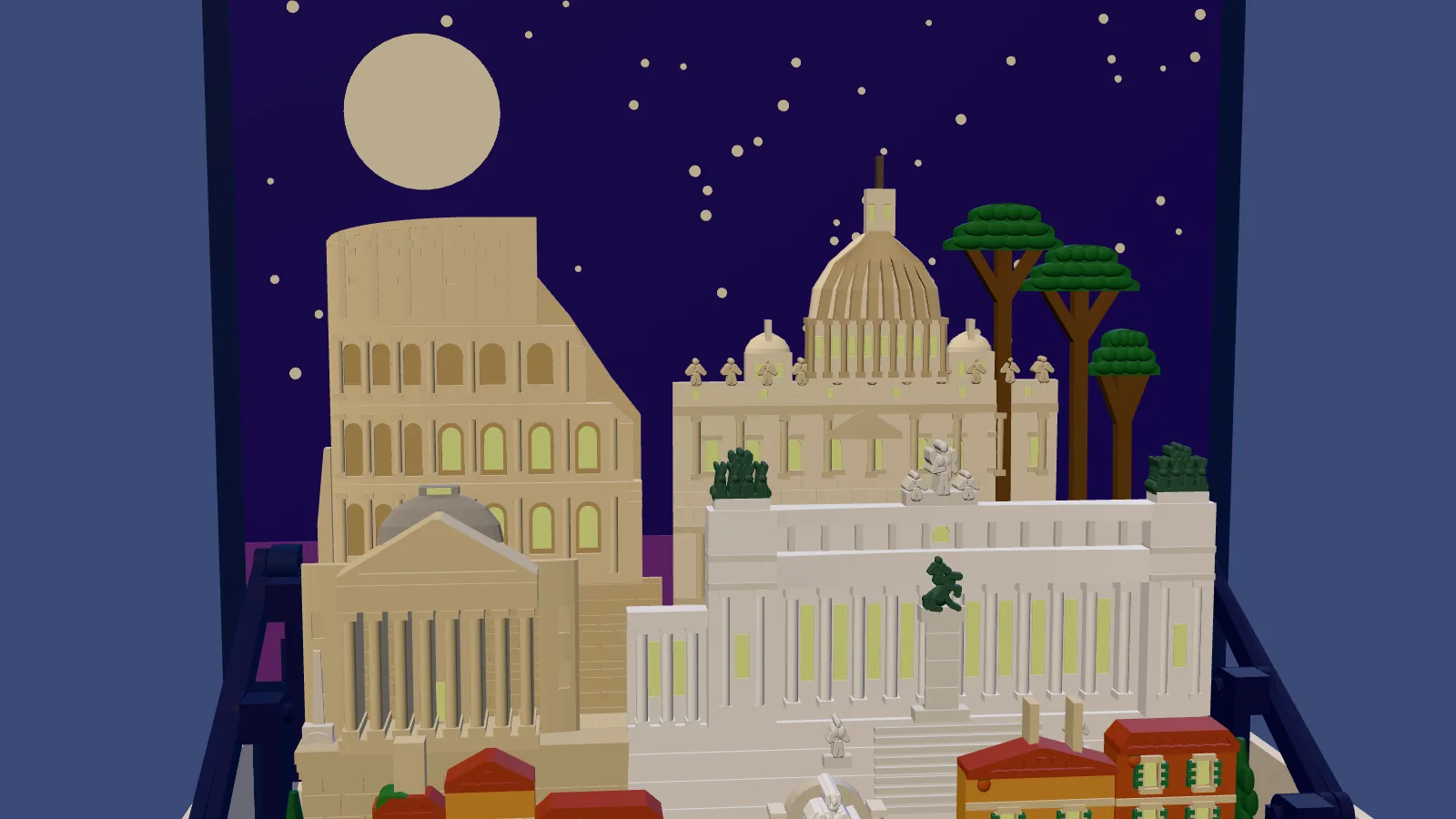 The skyline of the Rome set under a large pale moon and cream stars on a dark indigo panel: at the left the travertine Colosseum wall with four storeys of round arches, some lit pale yellow-green, stepping down on its broken right side; in the middle a cream church facade with small statues along the top and a tan ribbed dome on a drum of columns with a slim lantern; at the right three umbrella pines with flat green crowns on brown trunks; in front, a travertine temple front with columns and a grey dome, and the white tiers of a marble monument with a dark green bronze group; red tile roofs along the bottom