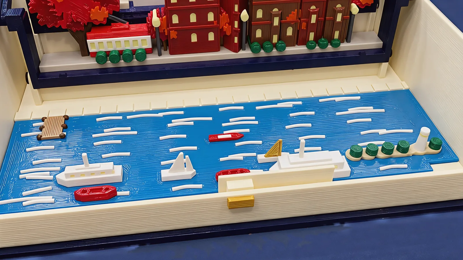 The lake plate in the cream tray: bright blue water with white ripples, a wooden dock, a white ferry with a row of windows and a red boat beside it, a white sailboat, a red canoe, a larger white boat with an ochre sail, and a beige island strip with round green trees and a small white lighthouse; behind, the streetcar and the brick houses on their row