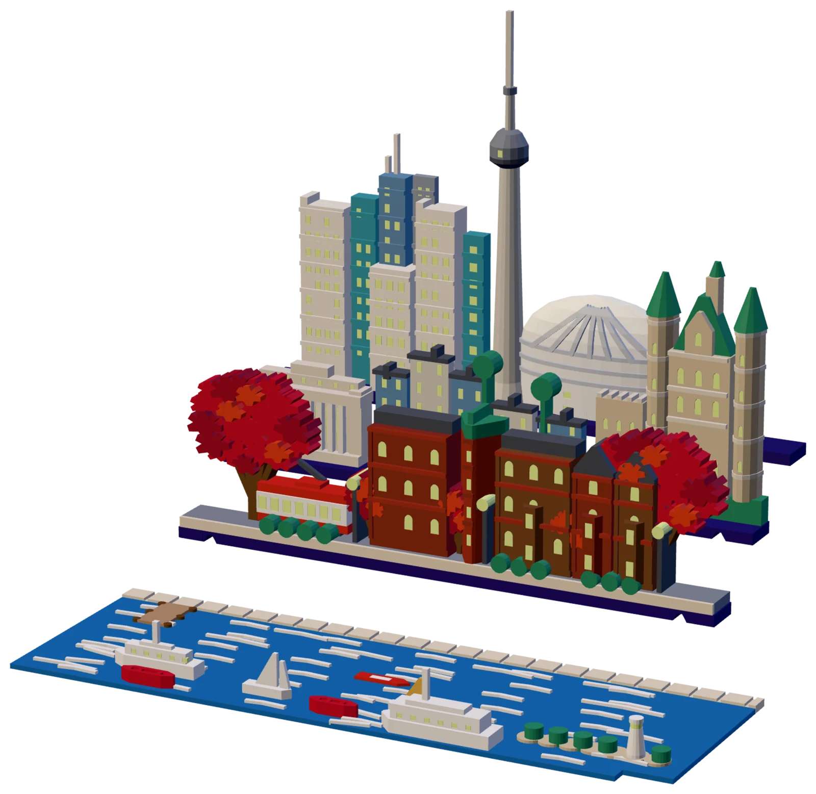 The four pieces of the Toronto set out of the book, seen from the front right and a little above: in front, the blue lake plate with white ripples, a wooden dock, two white ferries, a white sailboat, red canoes and boats, and a beige island strip with round green trees and a white lighthouse; behind it the front row with two red maples, a red-and-white streetcar, red and brown brick row houses with arched windows and a narrow red-brick wedge with a green roof; then the middle row with a white colonnaded station, low white and blue blocks and a sandstone castle with copper-green cones; at the back a slim pale tower with a grey pod and a needle, white, blue-glass and teal towers and a white ribbed dome