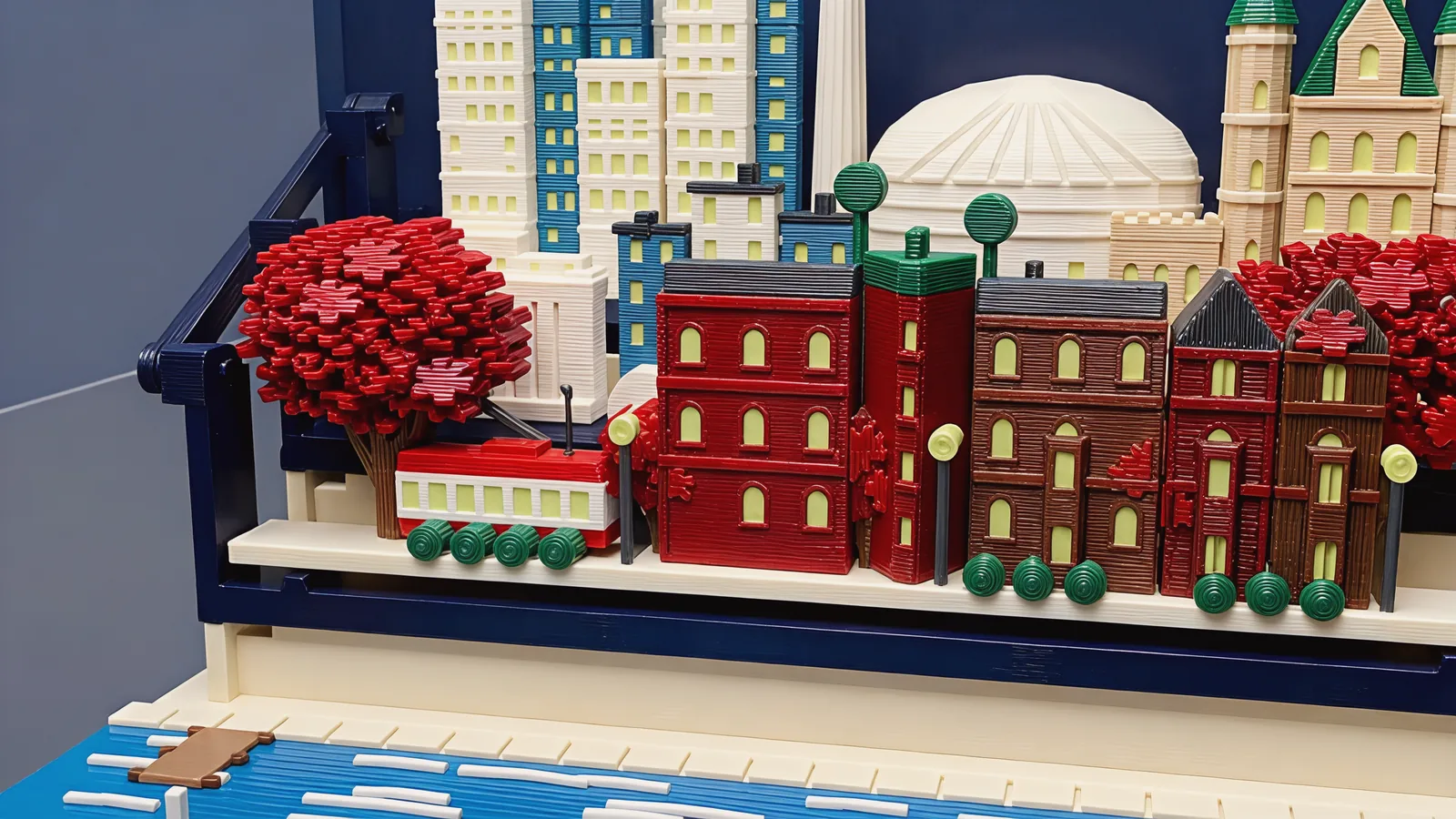 The front row on its navy frame: a big red maple with orange leaf accents over a red-and-white streetcar, red and brown brick row houses with arched pale yellow-green windows and dark grey roofs, a narrow red-brick wedge with a green roof, black lamp posts with pale lamp heads and round green shrubs along the curb; behind, white and blue towers, the white dome and the sandstone castle with green cones