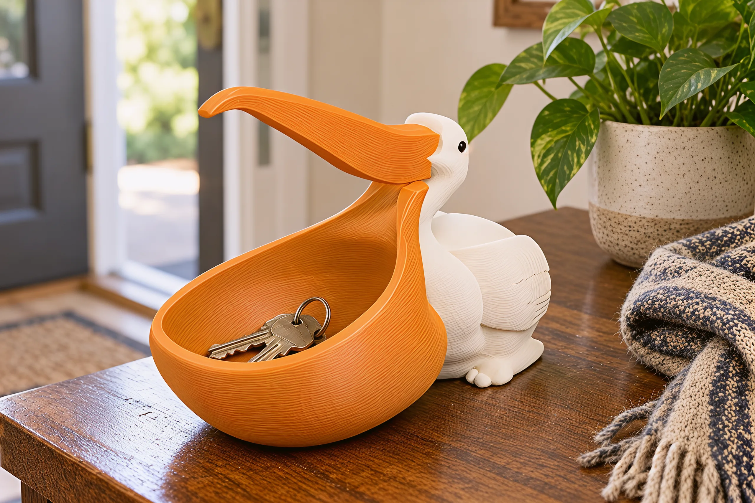 The pelican on a wooden entry table by an open front door, a set of house keys lying in its orange pouch, a scarf and a potted plant beside it