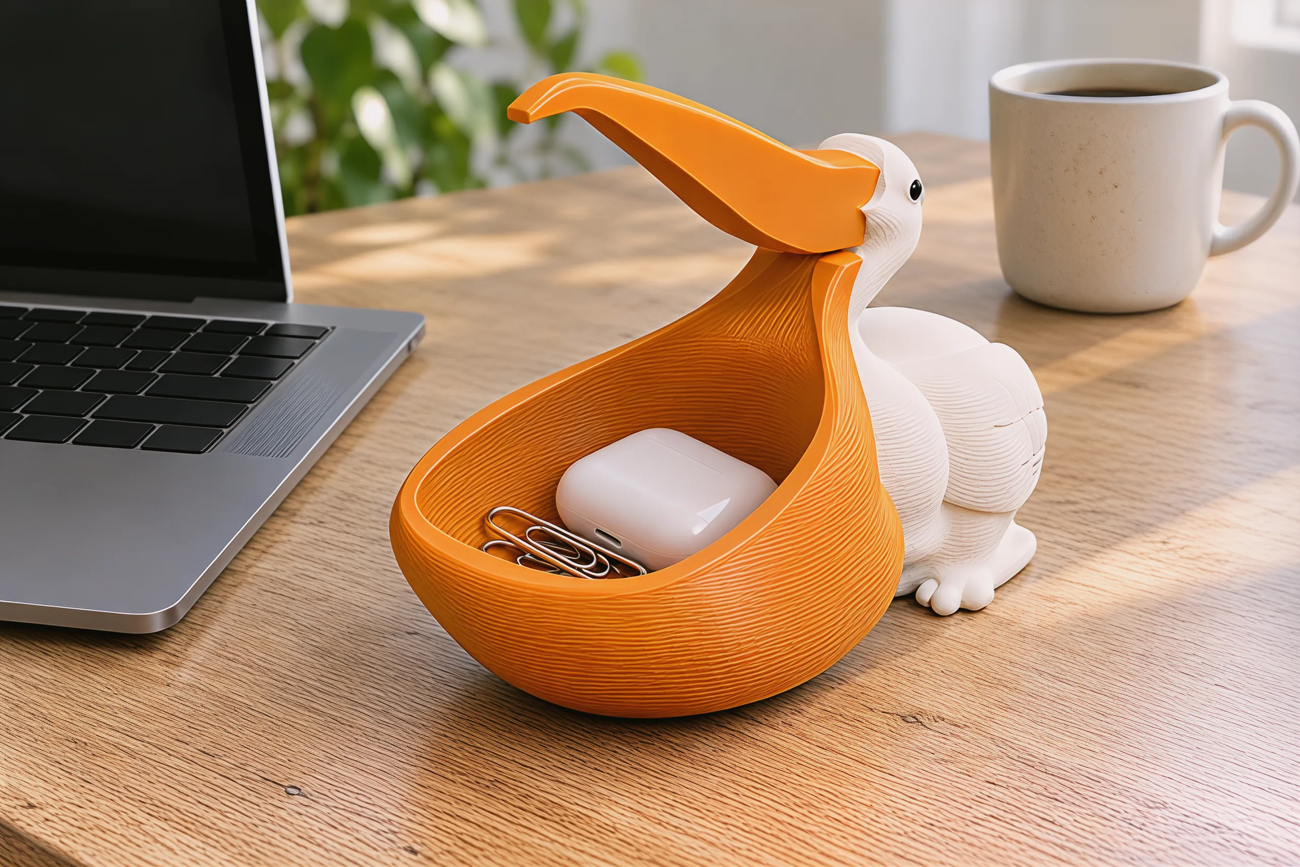 The pelican on an oak desk beside an open laptop, a white earbuds case and paper clips in its pouch